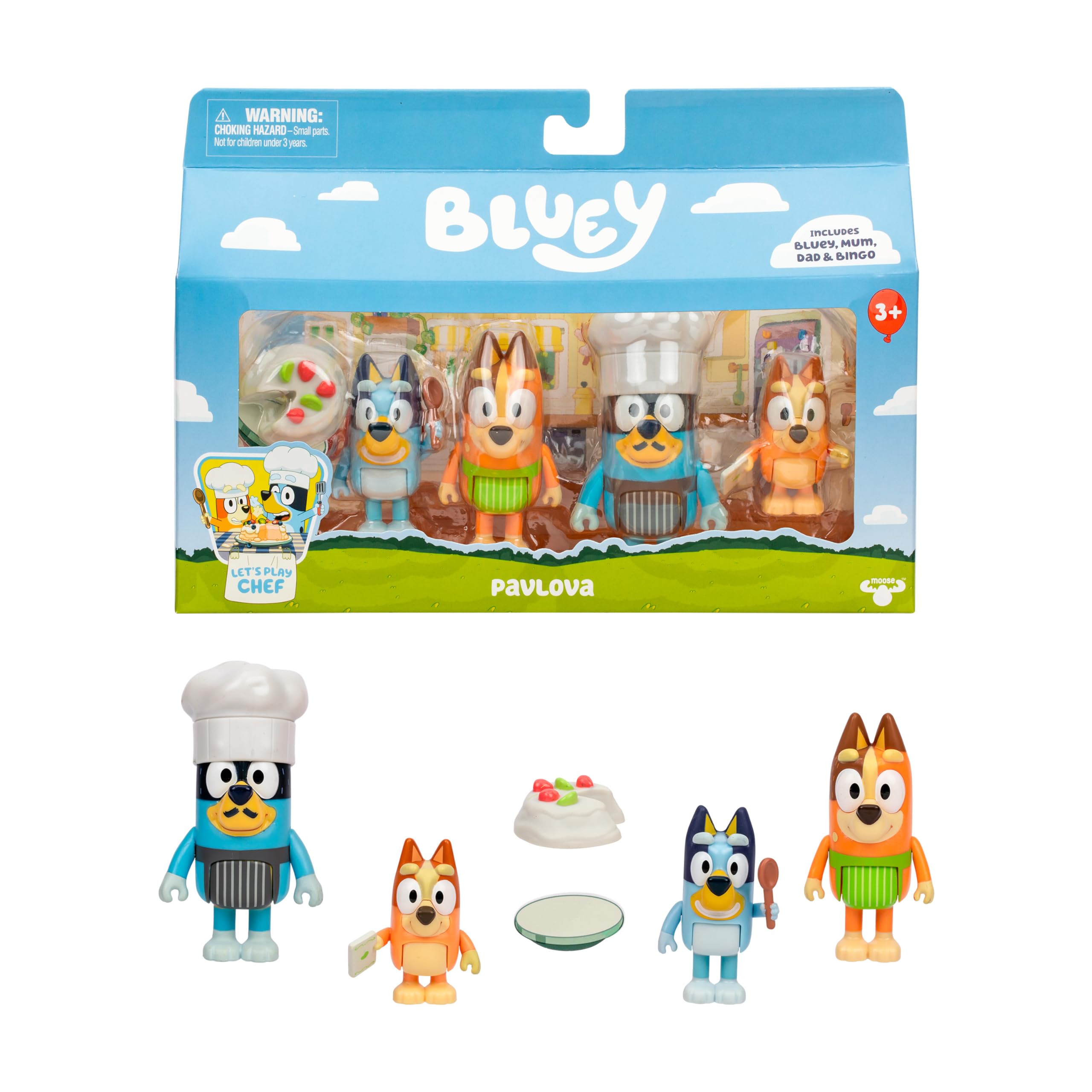 Bluey 4'lü Oyuncak Figür Oyun Seti, Let's Play Chef Pavlova Küçük Çocuk Heykelcik Oyuncak Seti, Şef Aksesuarlı, 3-5 Yaş Çocuklar için Poz Verilebilir Figürinler