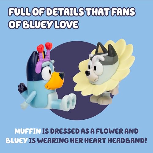 Bluey and Muffin 2'li Oyuncak Figür Oyun Seti, Bahar Zamanı Küçük Çocuk Heykelcik Oyuncak Seti, Giydirme Aksesuarlarıyla birlikte, 3-5 Yaş Çocuklar için Poz Verilebilir Bluey Figürinler