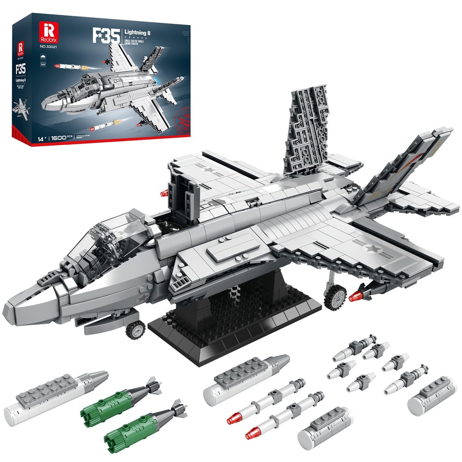 Reobrix F-35 askeri savaş jeti montaj seti 33021, Lightning II Joint Strike Fighter uçak ordu oyuncak setleri, uçak-oyuncak modeli, erkekler, yetişkinler, askeri hayranları için