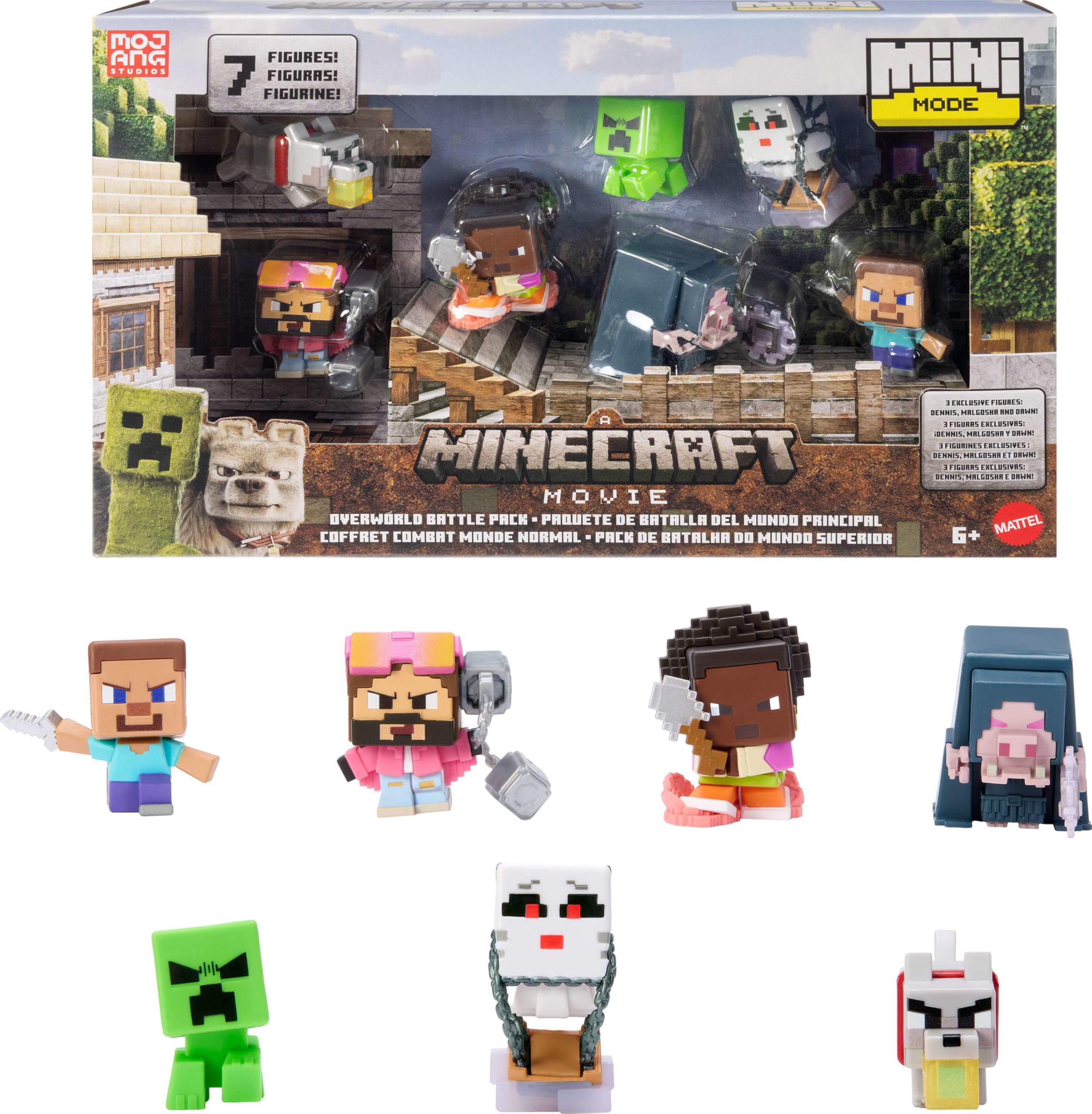 Mattel Minecraft oyuncak seti ve 7 mini aksiyon figürü, Bir Minecraft Filmi'nden ilham alan Mini Mode Çoklu Paket, Steve ve 3 özel karakter, JFM37