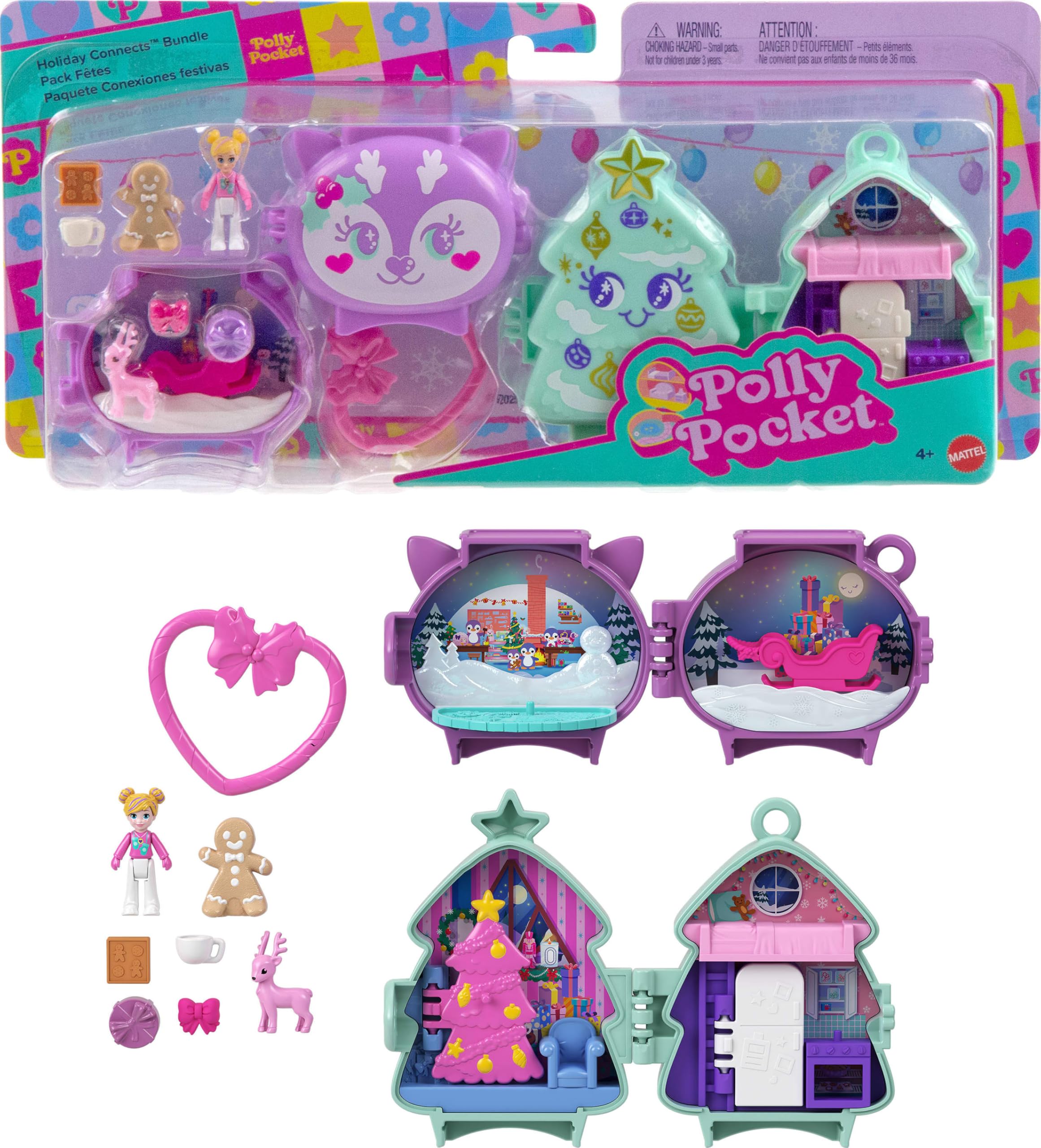 Polly Pocket mini oyuncaklar Mikro bebek, aksesuarlar, evcil hayvan figürü ve klipsli seyahat oyuncağı içeren ve üst üste koyulabilen yılbaşı temalı kompakt oyun setleri paketi, JGM53