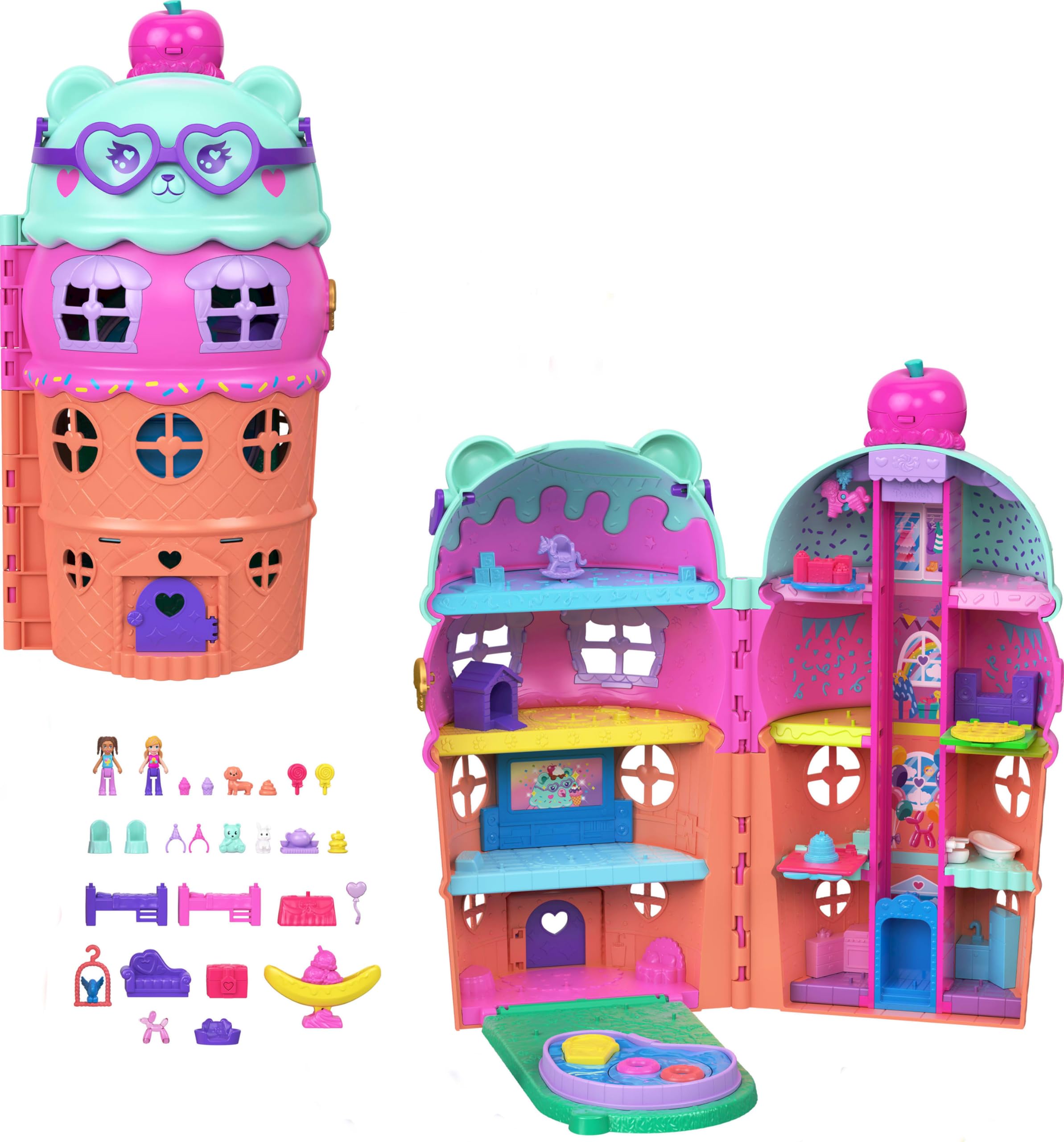 Polly Pocket mikro bebekler ve ayıcık temalı büyük Dondurma Evi oyun seti ve mobilya, yiyecek ve evcil hayvan dahil 25'ten fazla aksesuar, JFT91