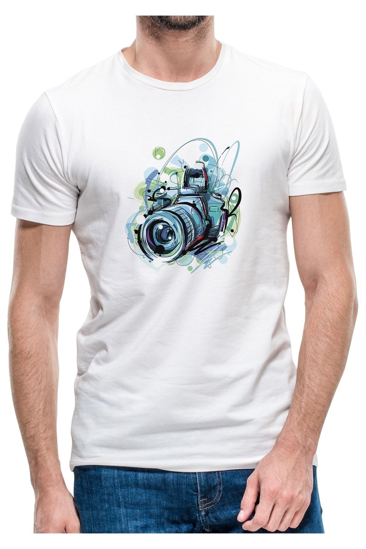 Qivi Fotoğraf Makinesi Objek Lens Camera Kamera Baskılı Beyaz Erkek Örme Tshirt, Beyaz, XL