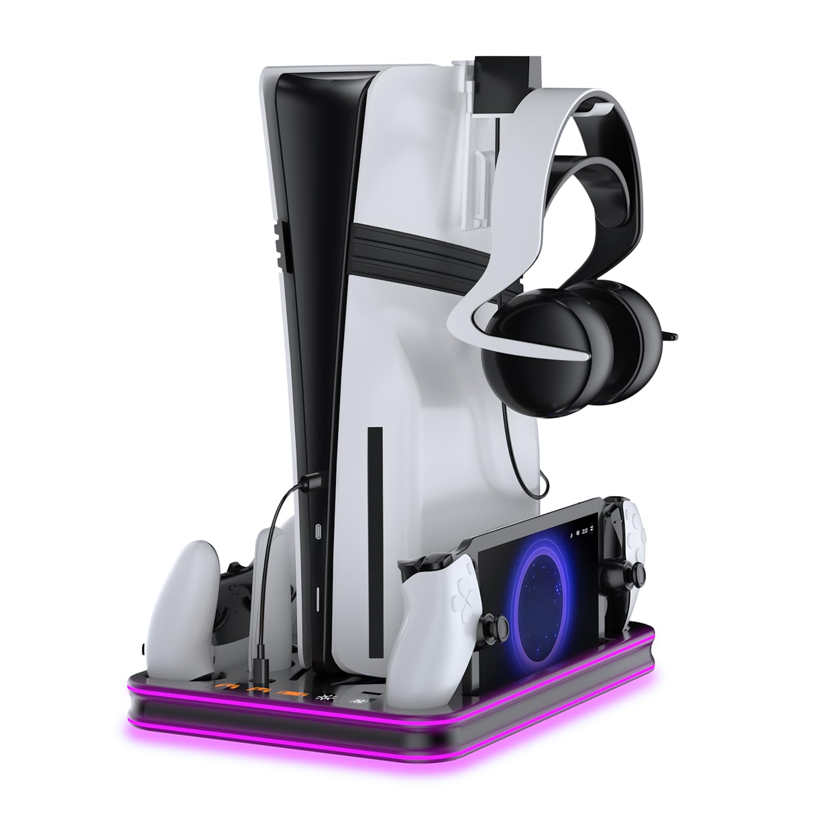 EJGAME PS5 Pro/Slim/PS5 Stand ve Soğutma İstasyonu, RGB Aydınlatma Kontrolörlü Şarj İstasyonu, Playstation 5 Konsolu için, PS Portal Şarj Yuvası, 3 Seviyeli Soğutma Fanlı PS5 Pro Aksesuarları (Siyah)