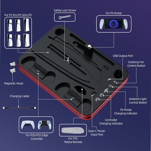 EJGAME PS5 Pro/Slim/PS5 Stand ve Soğutma İstasyonu, RGB Aydınlatma Kontrolörlü Şarj İstasyonu, Playstation 5 Konsolu için, PS Portal Şarj Yuvası, 3 Seviyeli Soğutma Fanlı PS5 Pro Aksesuarları (Siyah)