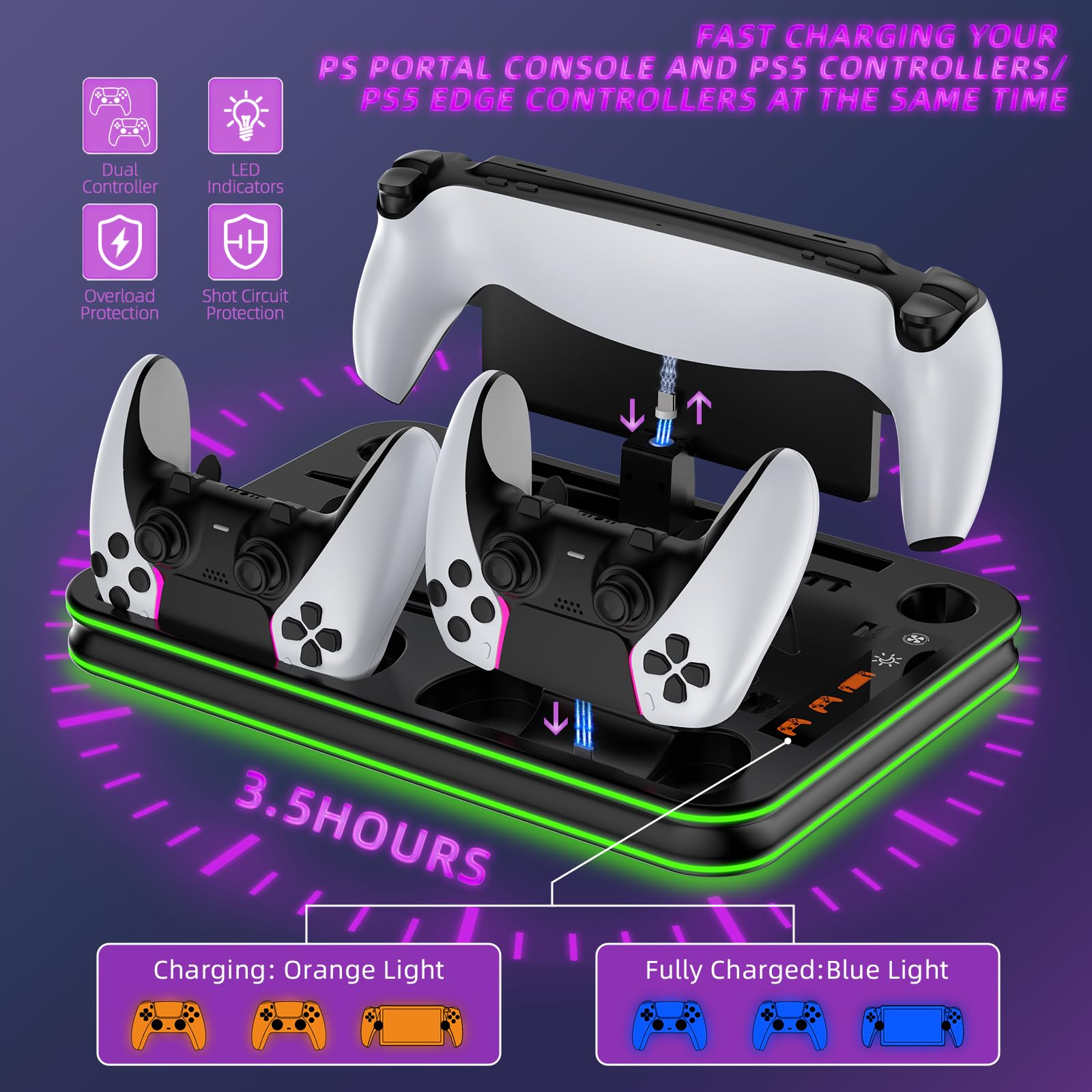 EJGAME PS5 Pro/Slim/PS5 Stand ve Soğutma İstasyonu, RGB Aydınlatma Kontrolörlü Şarj İstasyonu, Playstation 5 Konsolu için, PS Portal Şarj Yuvası, 3 Seviyeli Soğutma Fanlı PS5 Pro Aksesuarları (Siyah)