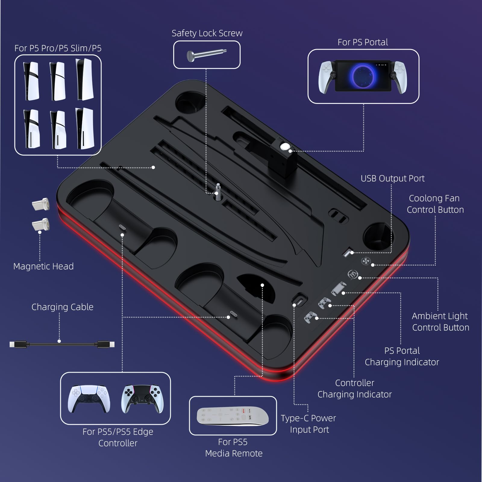 EJGAME PS5 Pro/Slim/PS5 Stand ve Soğutma İstasyonu, RGB Aydınlatma Kontrolörlü Şarj İstasyonu, Playstation 5 Konsolu için, PS Portal Şarj Yuvası, 3 Seviyeli Soğutma Fanlı PS5 Pro Aksesuarları (Siyah)