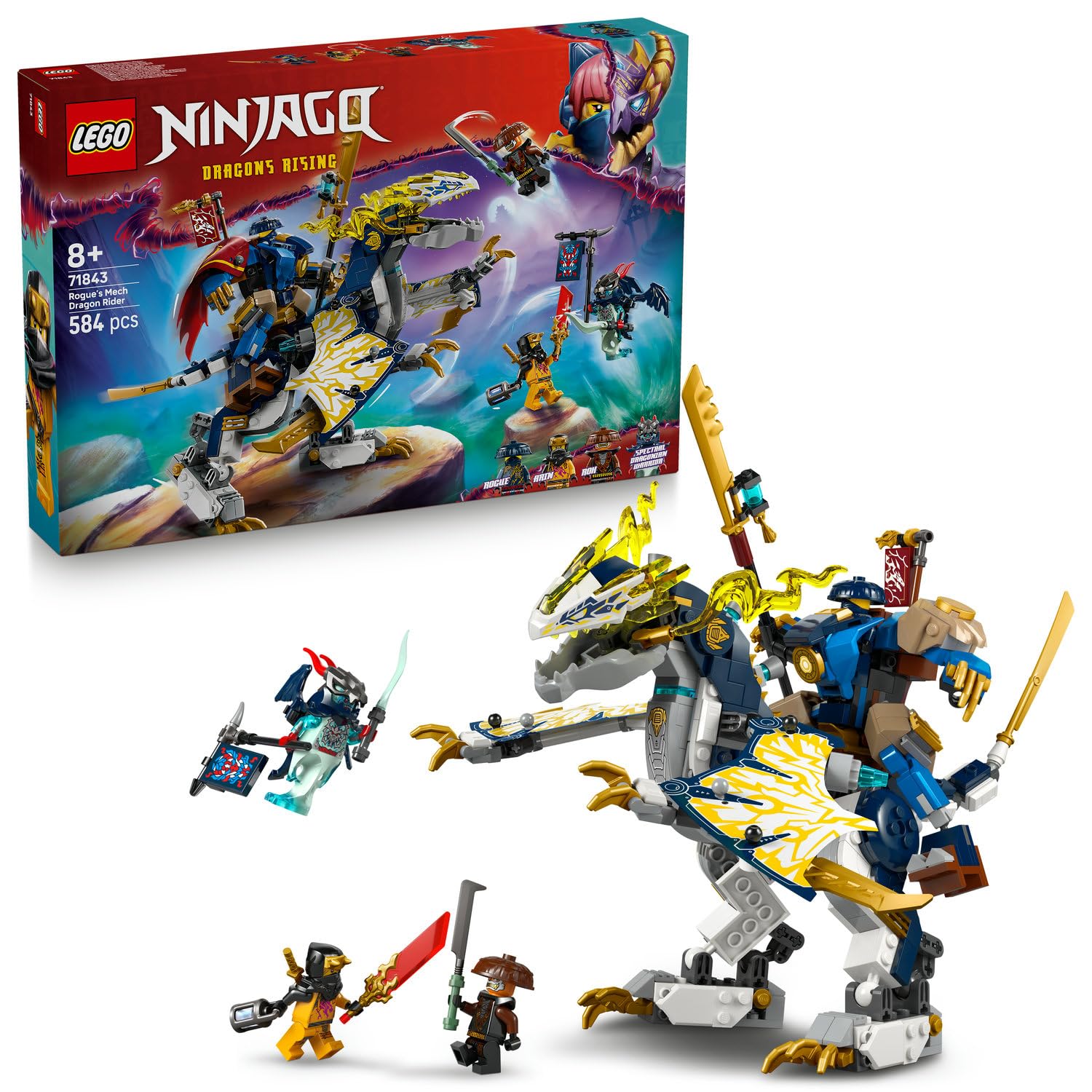 LEGO NINJAGO Rogue’un Robot Ejderha Binicisi 71843-8 Yaş ve Üzeri Kız ve Erkek Çocuklar için Hareket Ettirilebilir bir Ejderha Figürü ve 4 Minifigür İçeren Yaratıcı Oyuncak Yapım Seti (584 Parça)