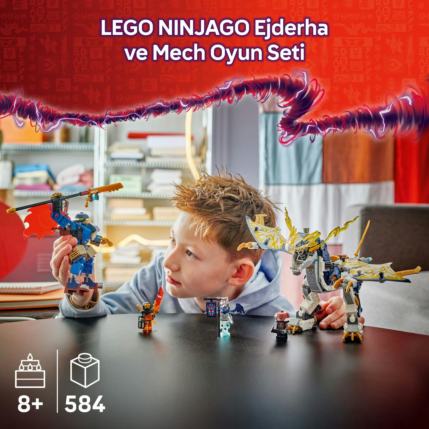 LEGO NINJAGO Rogue’un Robot Ejderha Binicisi 71843-8 Yaş ve Üzeri Kız ve Erkek Çocuklar için Hareket Ettirilebilir bir Ejderha Figürü ve 4 Minifigür İçeren Yaratıcı Oyuncak Yapım Seti (584 Parça)