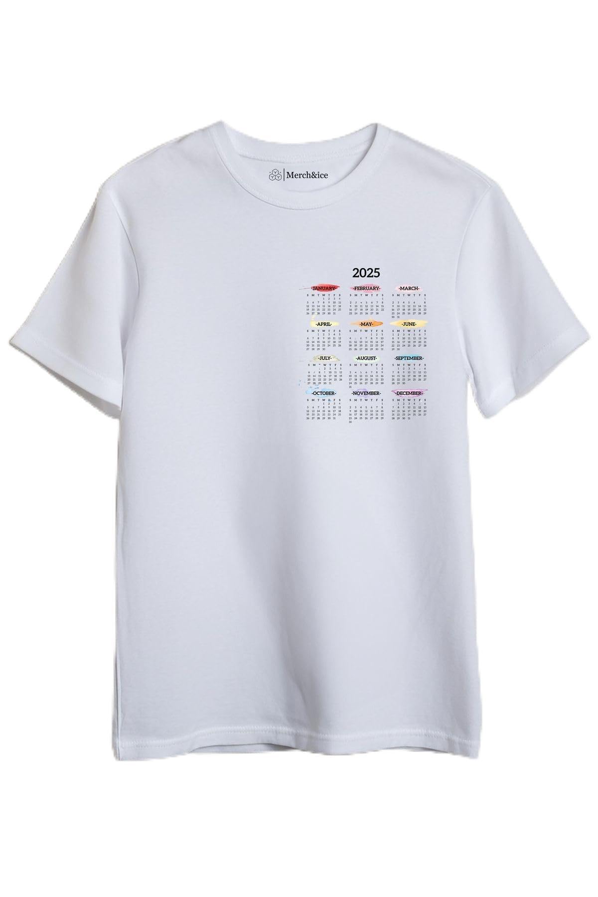 Merch&ice 2025 Yıllık Takvim Yılbaşı Unisex T-Shirt Beyaz L