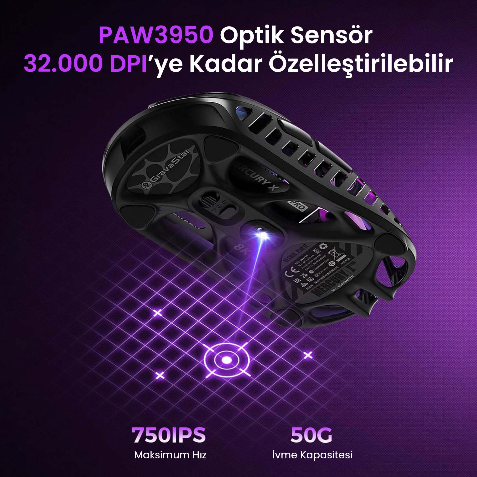 GravaStar Mercury X Pro Kablosuz Oyun Faresi - 32.000 DPI PAW 3950 Sensör, 8.000Hz Yoklama Hızı, Mag