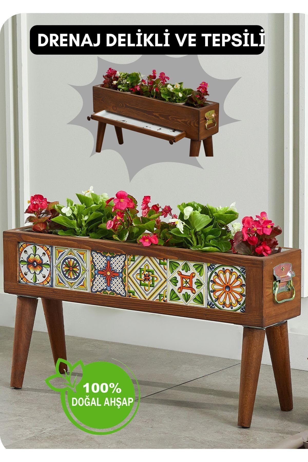 Halohope El Yapımı Ayaklı 6 Çinili Dekoratif Modern Ahşap Dikdörtgen Bahçe Balkon Saksı Saksılık Çiç
