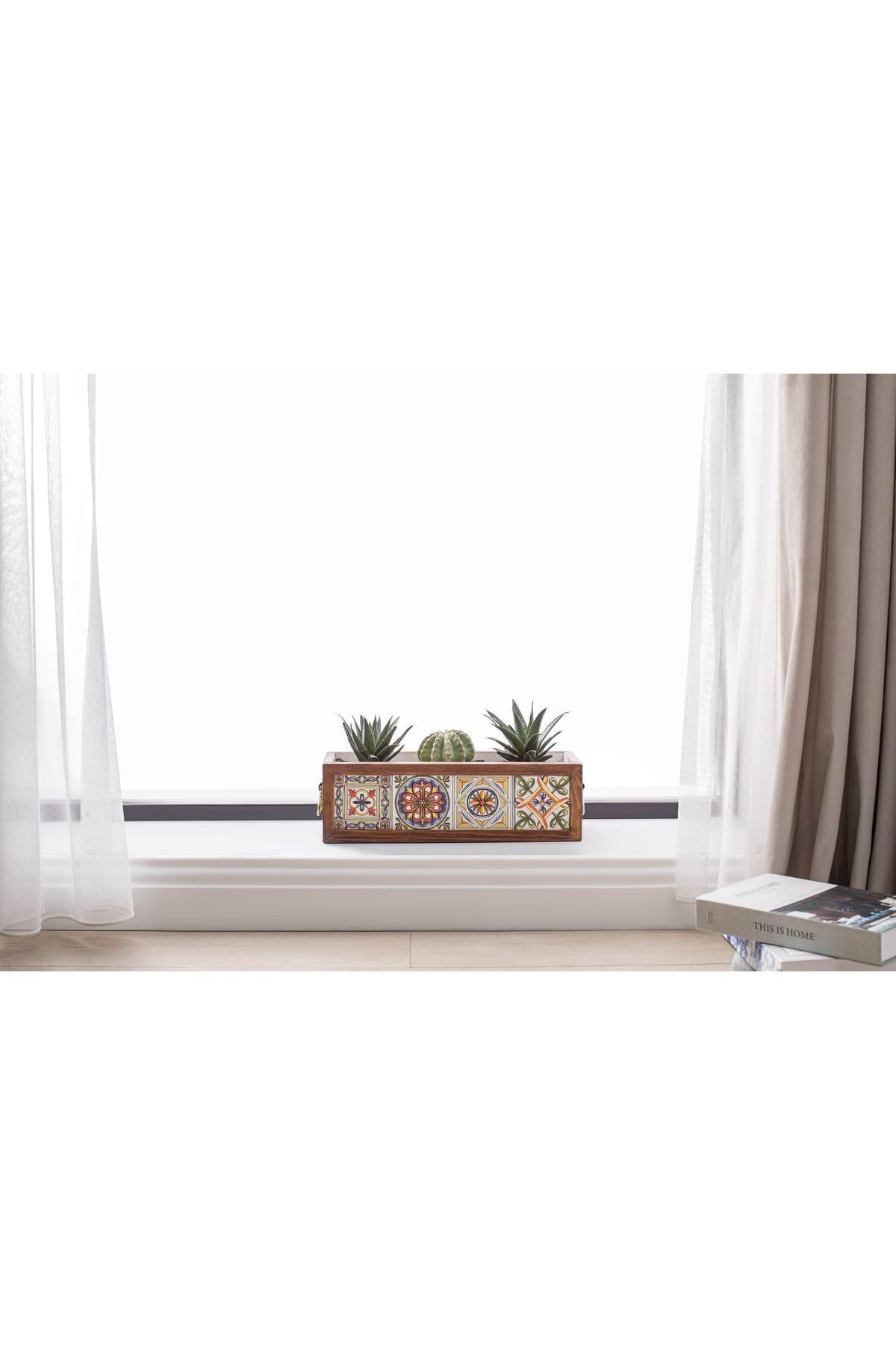Halohope El Yapımı 4 Meksika Çinili Dekoratif Modern Ahşap Dikdörtgen Bahçe Balkon Saksı Saksılık Çiçeklik
