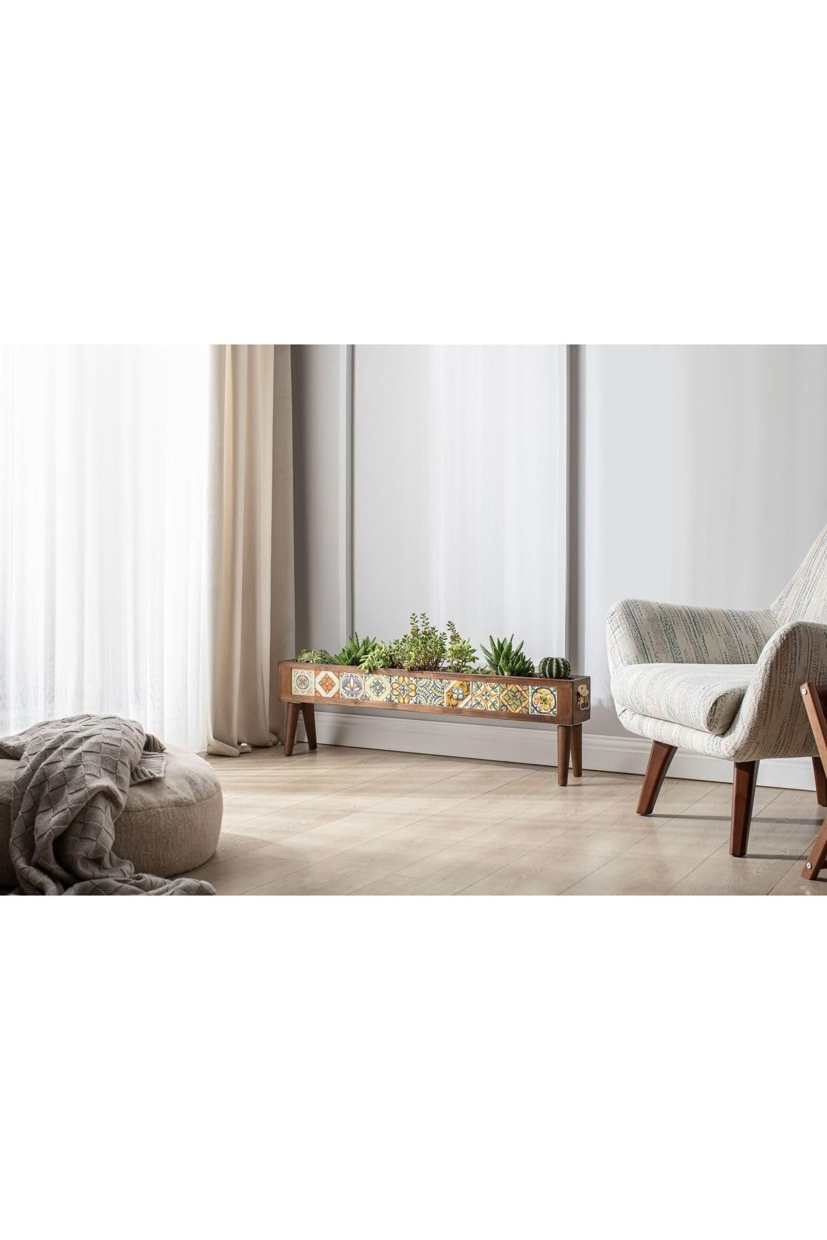 Halohope El Yapımı Ayaklı 10 Çinili Dekoratif Modern Ahşap Dikdörtgen Bahçe Balkon Saksı Saksılık Çiçeklik