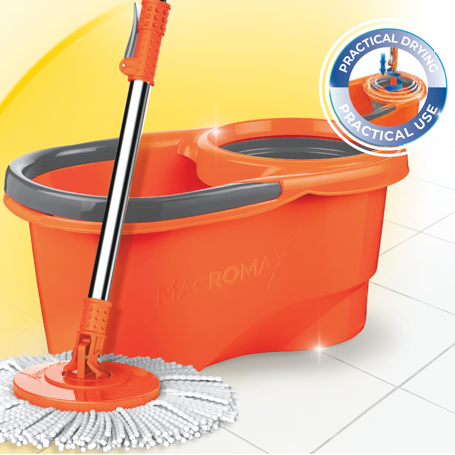Macro Max Focus Otomatik Temizlik Seti, Pedalsız Döner Sıkmalı 360 Başlıklı Mikrofiber Paspas