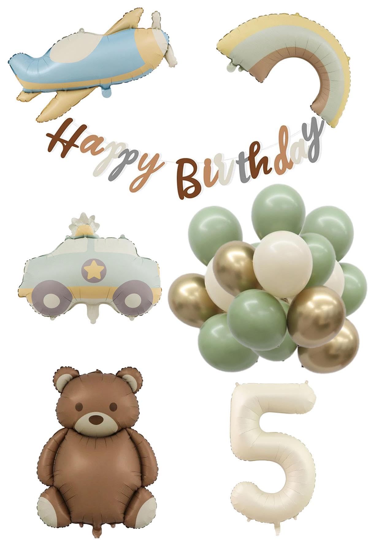 Retro 1 Yaş Doğum Günü Seti; Uçak, Araba, Gökkuşağı, Ayıcık ve 20 Adet Lateks Balon Set