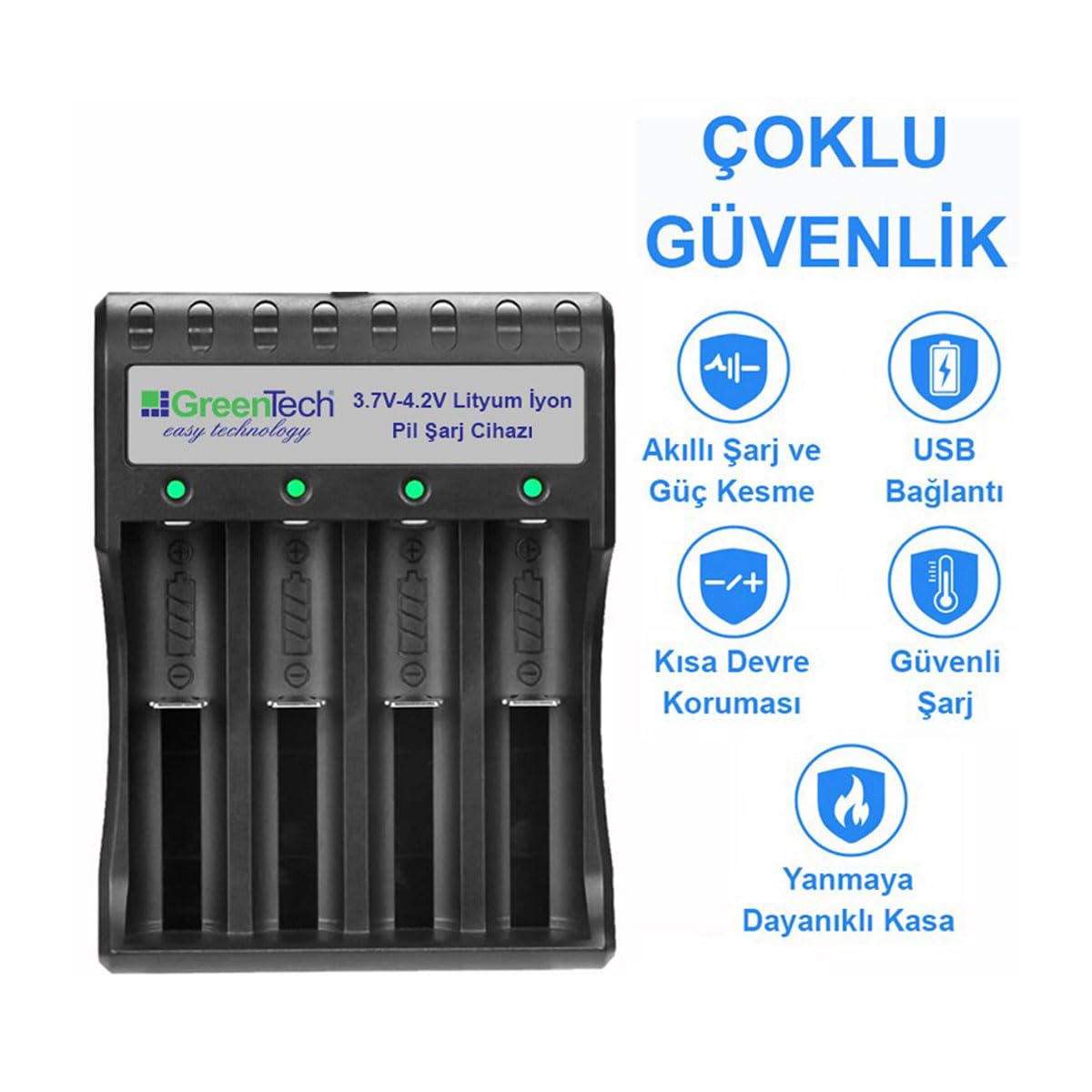 Greentech 3.7 – 4.2 Lityum İyon Pil Şarj Cihazı (Dört Yuvalı) / GT-BC05