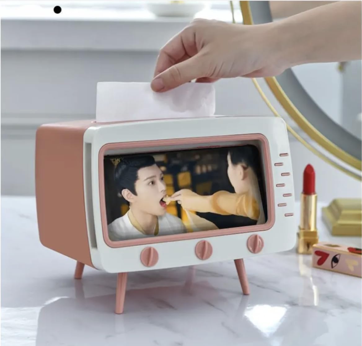 Masaüstü Retro Telefon Tutucu, Masaüstü Peçetelik Cep Telefonu Standı, (PEMBE DEKORATİF ŞIK)