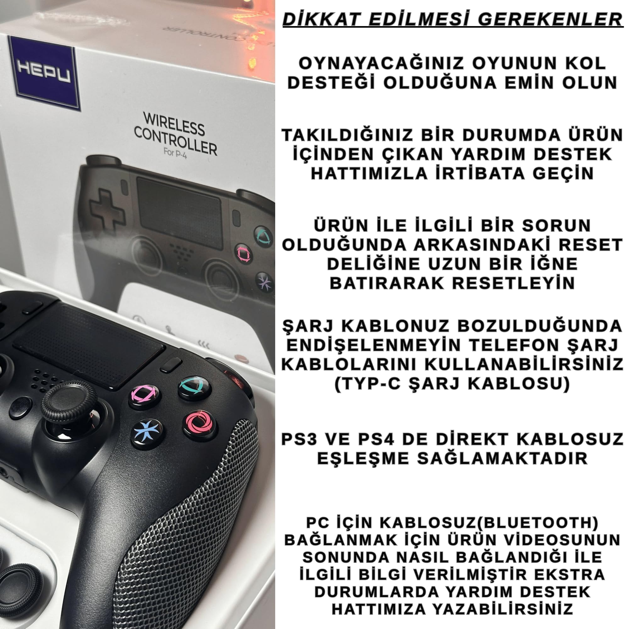 Hepu Premium Kablosuz Bluetooth Bilgisayar Oyun Kolu - PS4 Slim, PS4 Pro ve PC Uyumlu, Titreşimli Ergonomik Gamepad, Joystick PS4 Kol, Pc Oyun Kolu (Videolu Ürün)