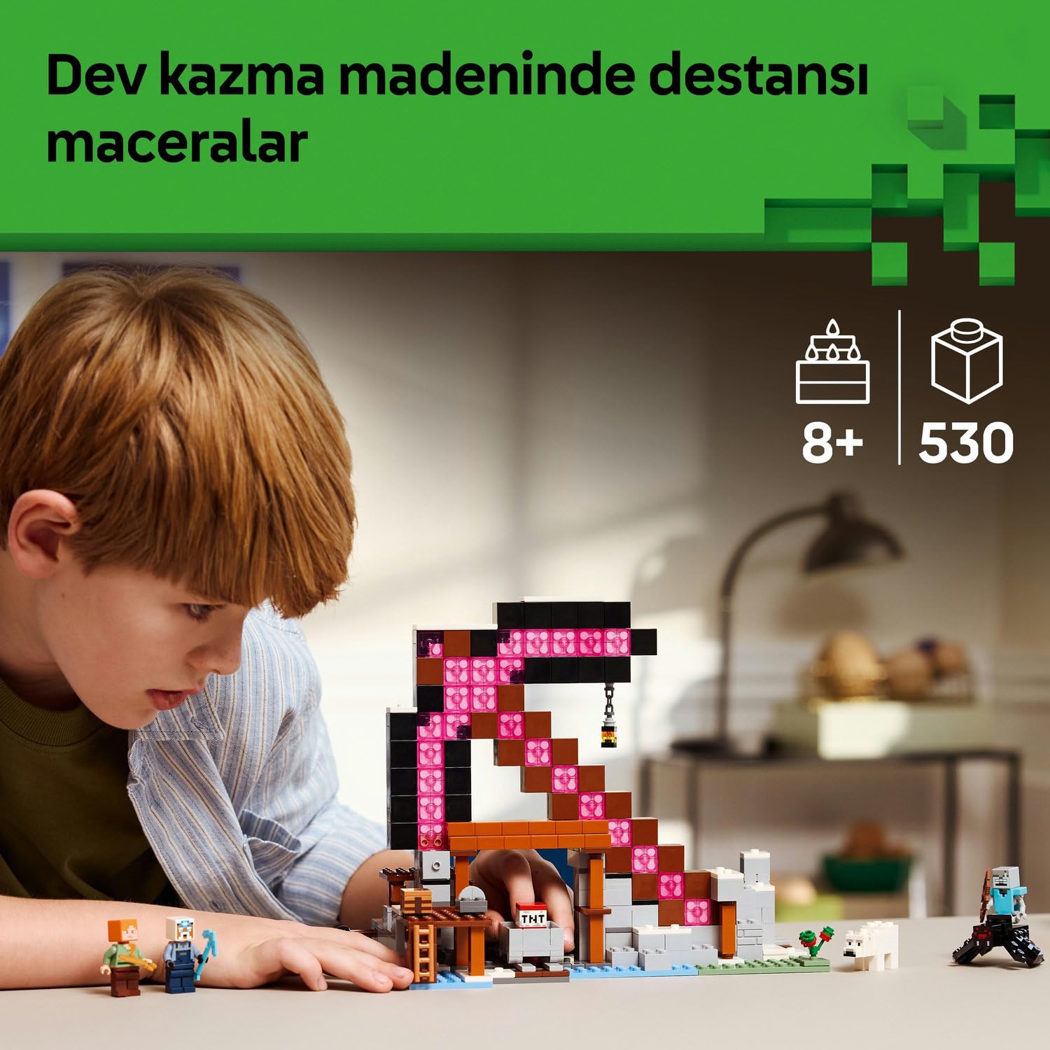 LEGO Minecraft Kazma Madeni 21277-8 Yaş ve Üzeri Minecraft Hayranı Çocuklar için Video Oyunu Temalı, Dekoratif Yaratıcı Oyuncak Yapım Seti, Doğum Günü Hediyesi Fikri (530 Parça)