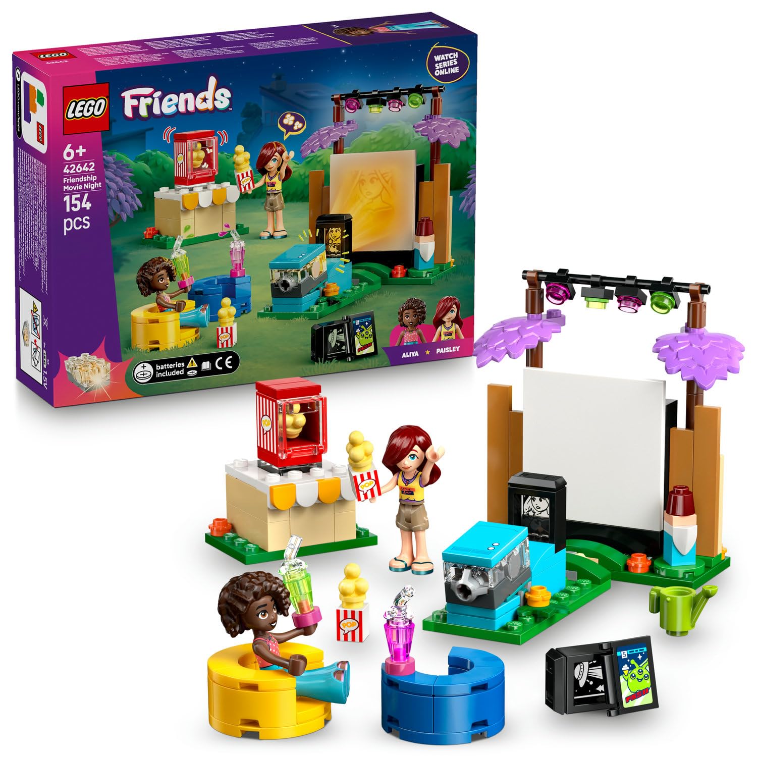 LEGO Friends Arkadaşlık Film Gecesi 42642-6 Yaş ve Üzeri Kız ve Erkek Çocuklar için 2 Mini Bebek ve Aksesuarlar İçeren Yaratıcı Rol Yapma Oyuncağı Yapım Seti, Doğum Günü Hediyesi Fikri (154 Parça)