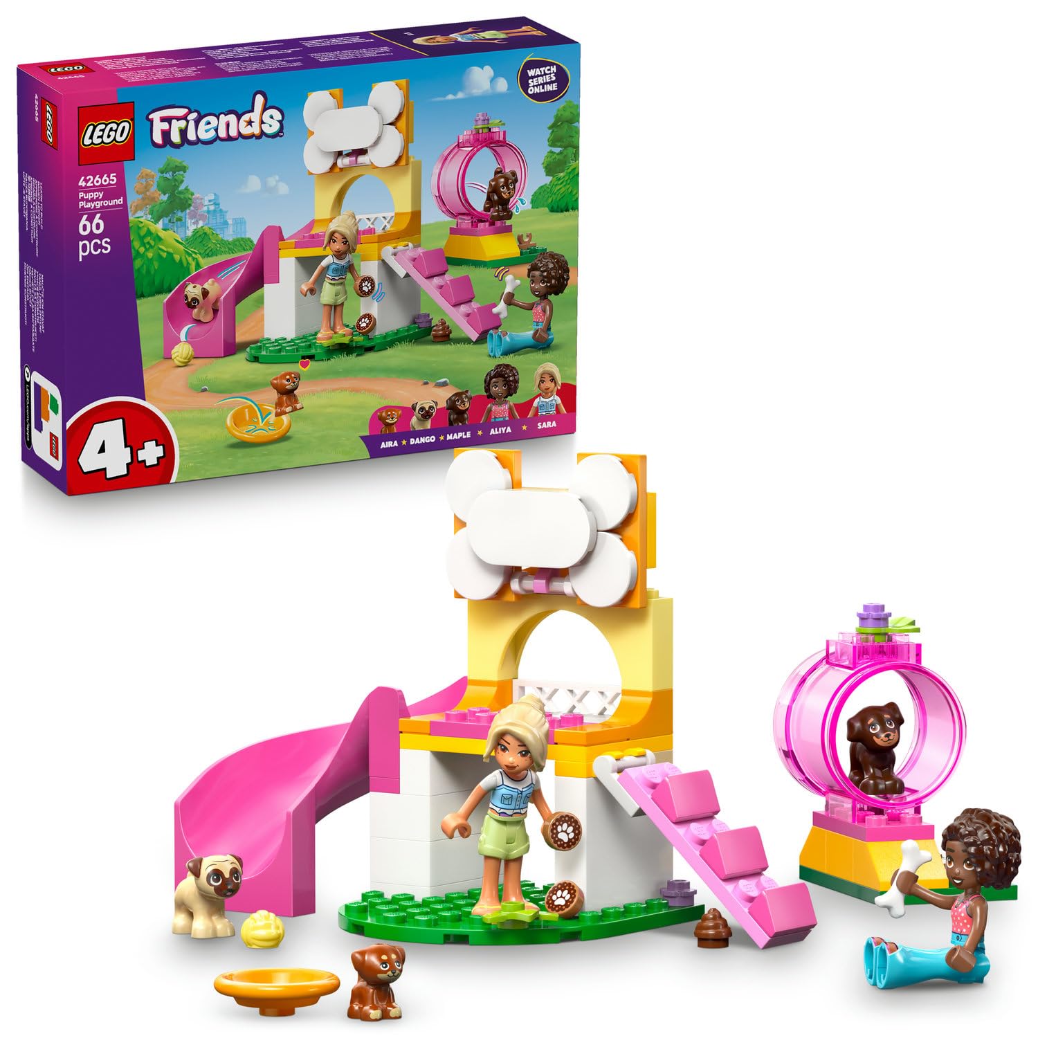 LEGO Friends Yavru Köpek Oyun Parkı 42665-4 Yaş ve Üzeri Kız ve Erkek Çocuklar için 3 Köpek Figürü ile Aliya ve Sara Mini Bebekleri İçeren Yaratıcı Oyuncak Yapım Seti, Hediye Fikri (66 Parça)