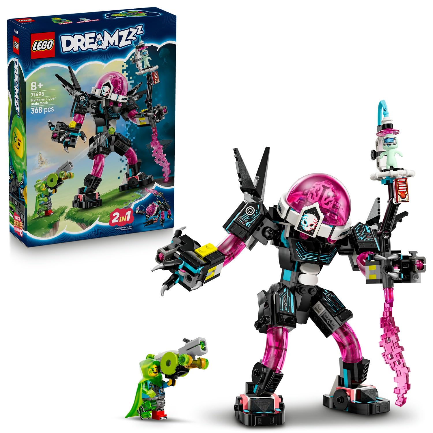 LEGO DREAMZzz Mateo, Siber Beyin Robotuna Karşı 71495-8 Yaş ve Üzeri Çocuklar için Mermi Atıcılar, Açılan Kokpit ve Mateo Minifigürü ile Düşçü Figürü İçeren Yaratıcı Oyuncak Yapım Seti (368 Parça)