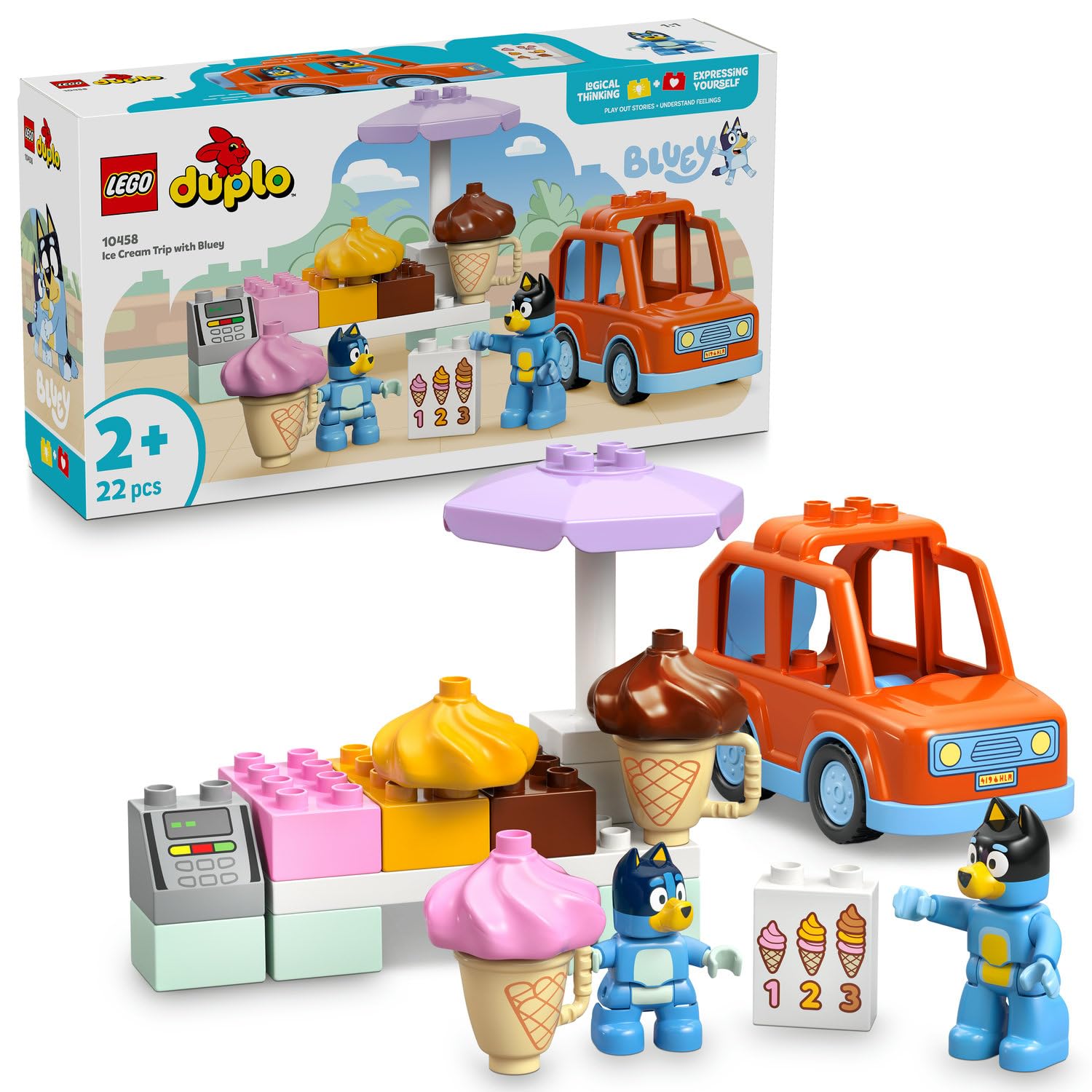 LEGO DUPLO Bluey ile Dondurma Gezisi 10458-2 Yaş ve Üzeri Çocuklar için Araçlı Rol Oyunu Sunan Yaratıcı Yapım Seti, Doğum Günü Hediye Fikri (22 Parça)