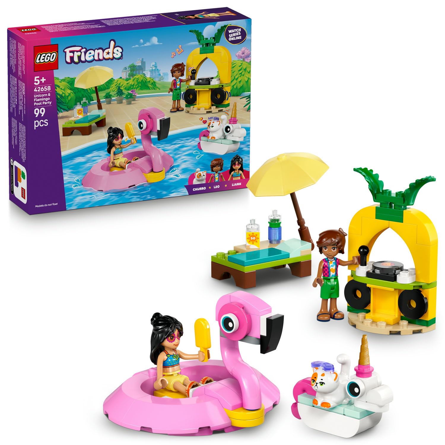 LEGO Friends Tek Boynuzlu At ve Flamingo Havuz Partisi 42658-5 Yaş ve Üzeri Kız ve Erkek Çocuklar için 2 Mini Bebek ve 1 Kedi Figürü İçeren Yaratıcı Oyuncak Yapım Seti, Hediye Fikri (99 Parça)