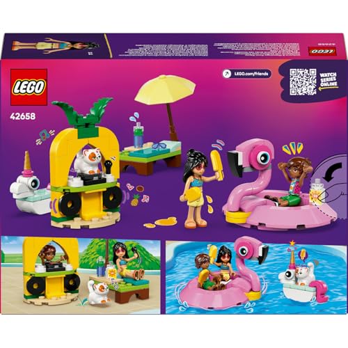 LEGO Friends Tek Boynuzlu At ve Flamingo Havuz Partisi 42658-5 Yaş ve Üzeri Kız ve Erkek Çocuklar için 2 Mini Bebek ve 1 Kedi Figürü İçeren Yaratıcı Oyuncak Yapım Seti, Hediye Fikri (99 Parça)