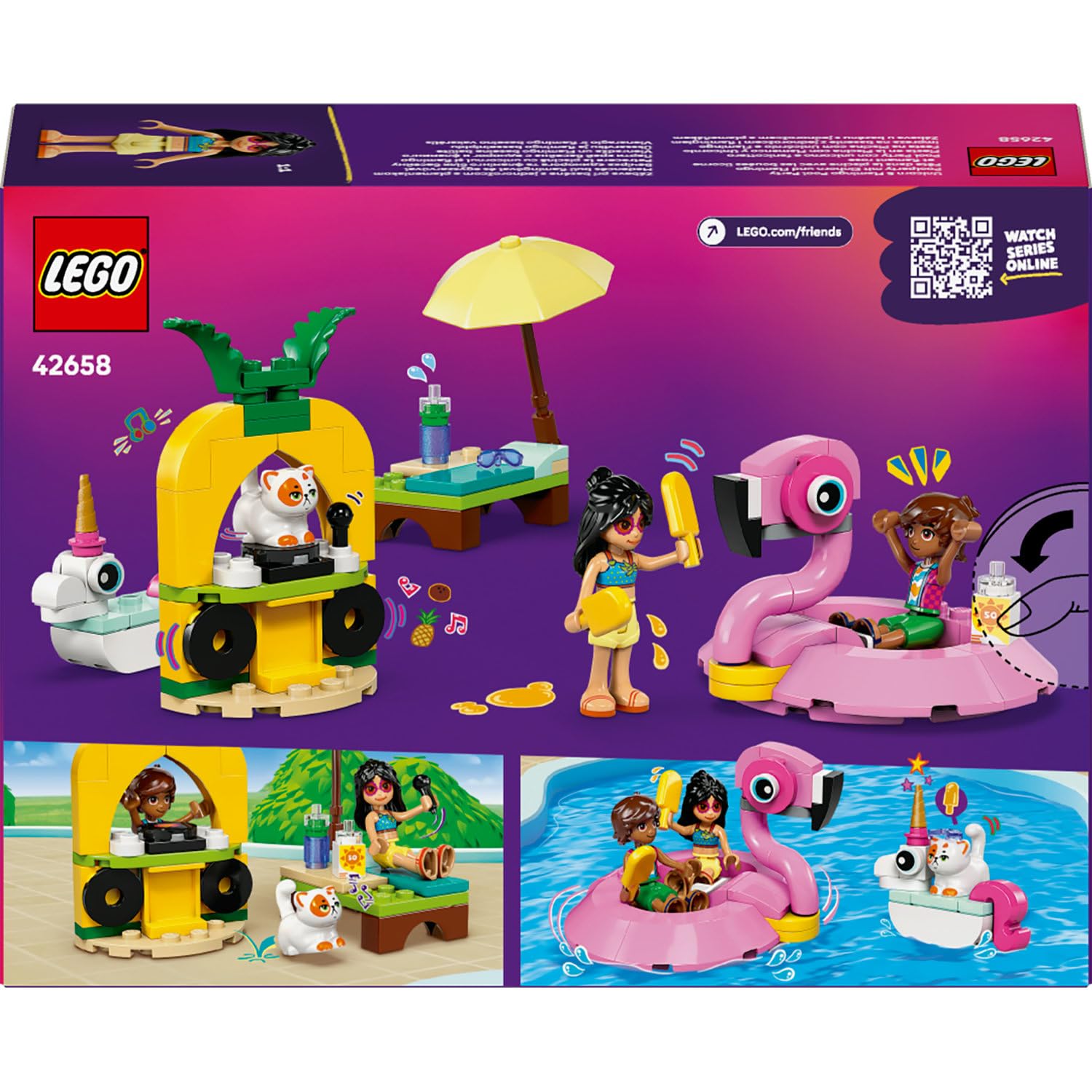 LEGO Friends Tek Boynuzlu At ve Flamingo Havuz Partisi 42658-5 Yaş ve Üzeri Kız ve Erkek Çocuklar için 2 Mini Bebek ve 1 Kedi Figürü İçeren Yaratıcı Oyuncak Yapım Seti, Hediye Fikri (99 Parça)