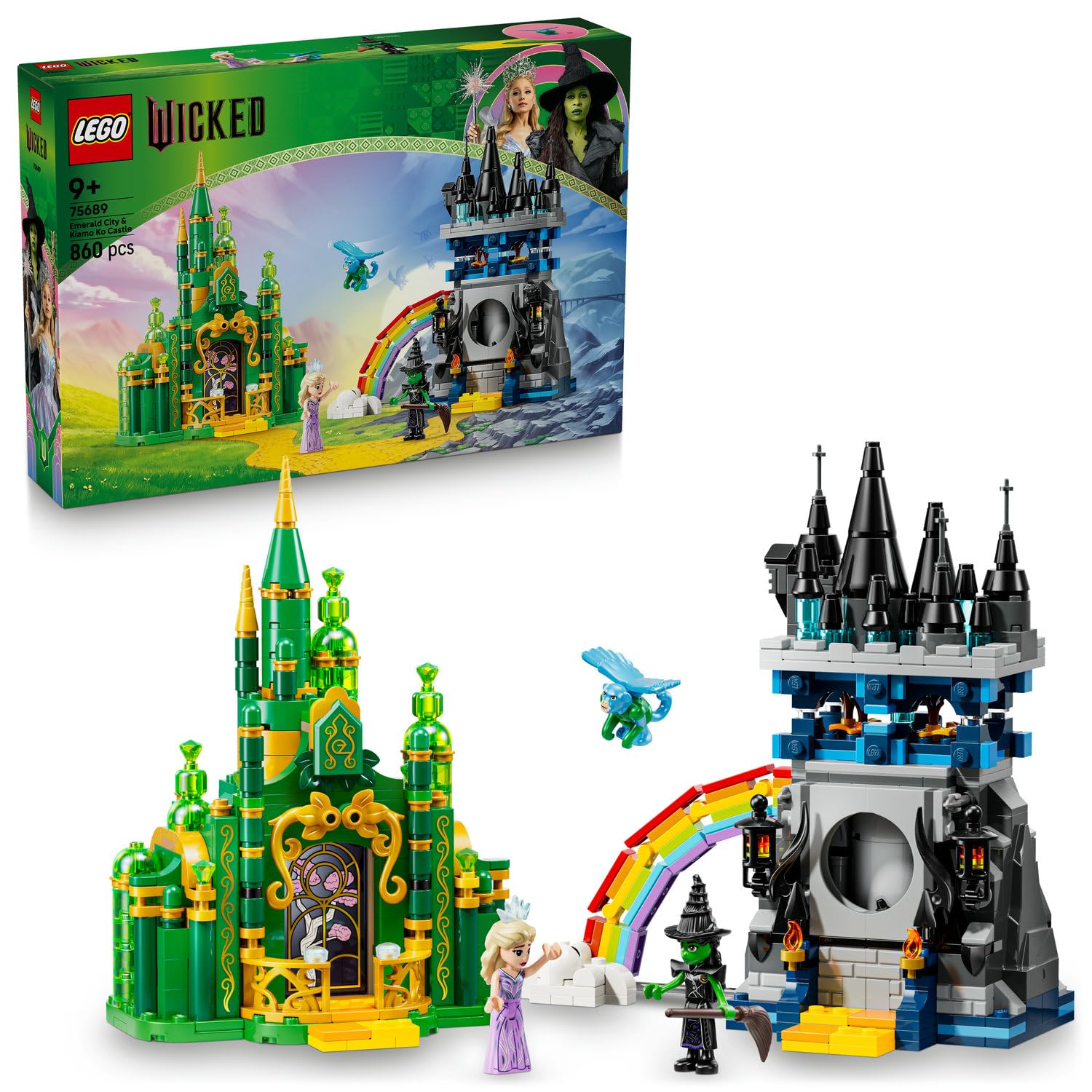 LEGO Wicked Emerald City ve Kiamo Ko Kalesi 75689-9 Yaş ve Üzeri Kız ve Erkek Çocuklar için Elphaba ve Glinda Mini Bebekleri ve Uçan Maymun Figürü İçeren Yaratıcı Oyuncak Yapım Seti (860 Parça)