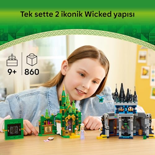 LEGO Wicked Emerald City ve Kiamo Ko Kalesi 75689-9 Yaş ve Üzeri Kız ve Erkek Çocuklar için Elphaba ve Glinda Mini Bebekleri ve Uçan Maymun Figürü İçeren Yaratıcı Oyuncak Yapım Seti (860 Parça)