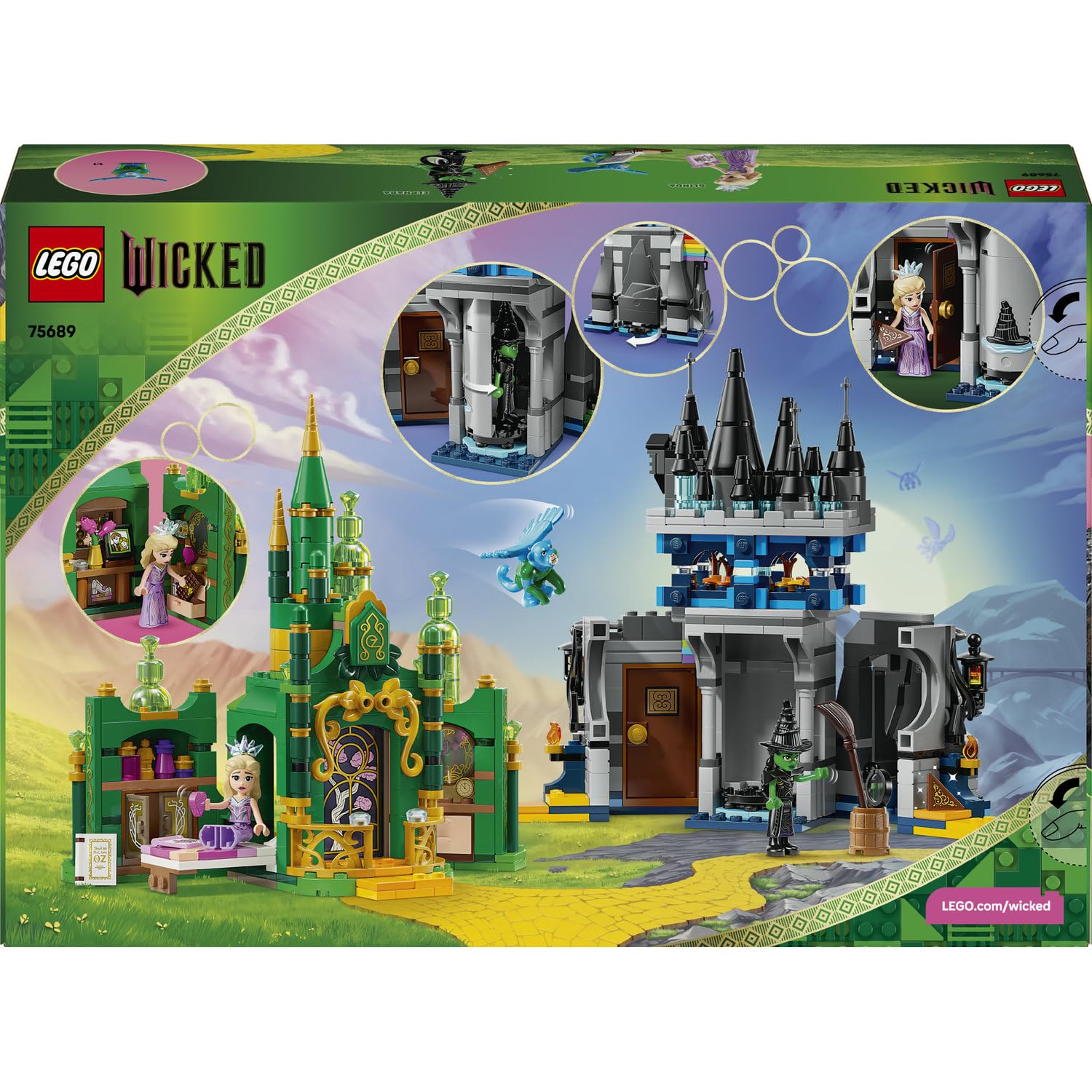 LEGO Wicked Emerald City ve Kiamo Ko Kalesi 75689-9 Yaş ve Üzeri Kız ve Erkek Çocuklar için Elphaba ve Glinda Mini Bebekleri ve Uçan Maymun Figürü İçeren Yaratıcı Oyuncak Yapım Seti (860 Parça)
