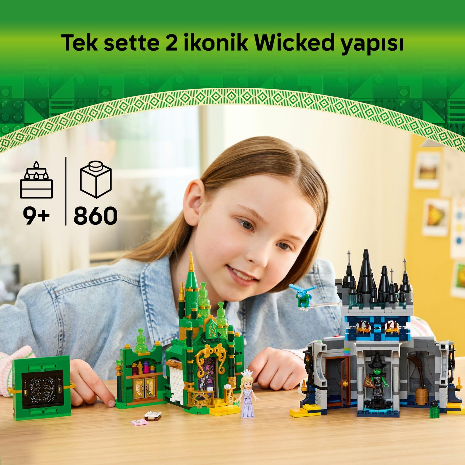 LEGO Wicked Emerald City ve Kiamo Ko Kalesi 75689-9 Yaş ve Üzeri Kız ve Erkek Çocuklar için Elphaba ve Glinda Mini Bebekleri ve Uçan Maymun Figürü İçeren Yaratıcı Oyuncak Yapım Seti (860 Parça)