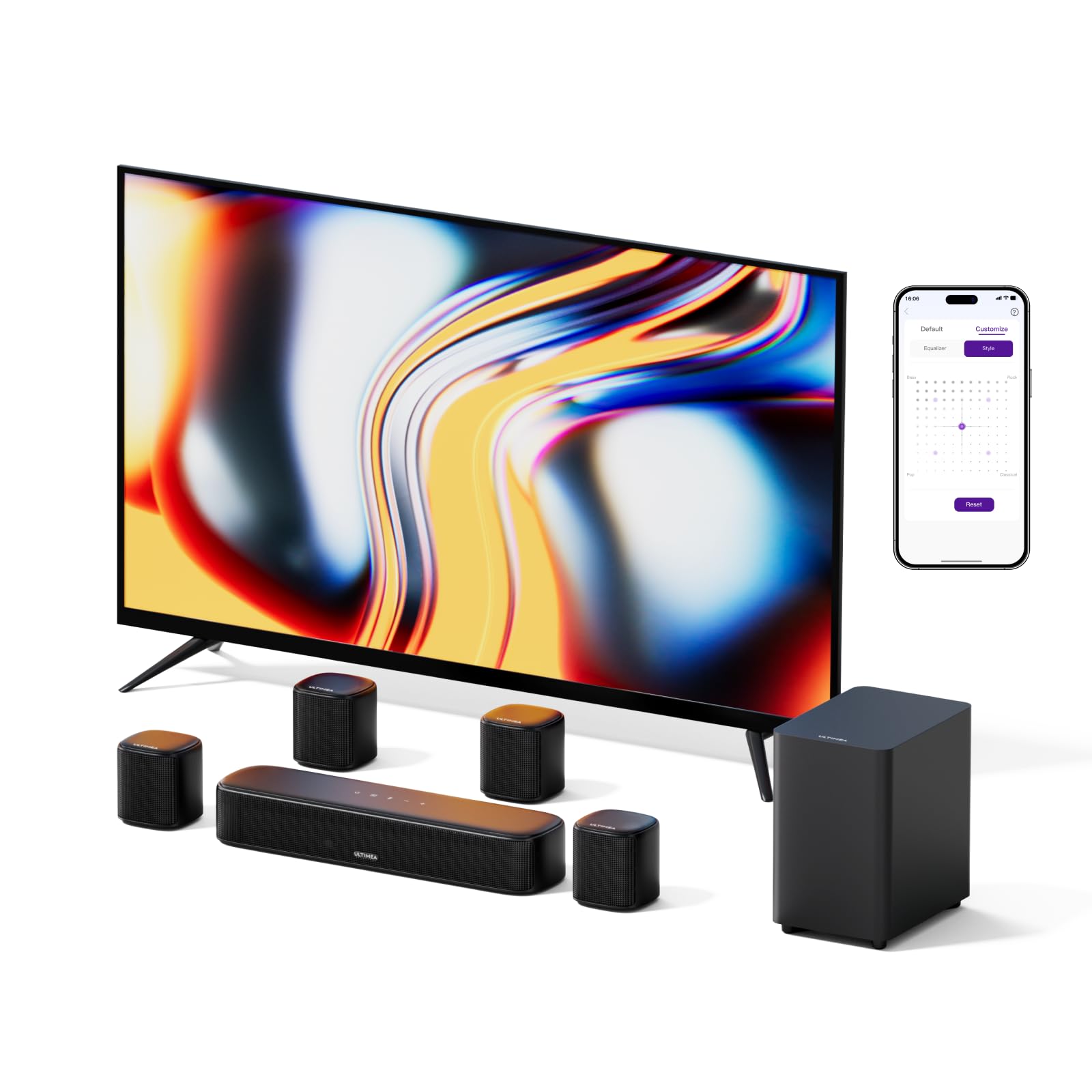 ULTIMEA Akıllı TV için 7.1ch Ses Çubuğu, 4 Surround Hoparlör ve Subwoofer'lı Surround Ses Sistemi, 330W Tepe Güç, Sanal Surround Ses, BT/Optik/AUX, Uygulama Kontrolü - Aura A40