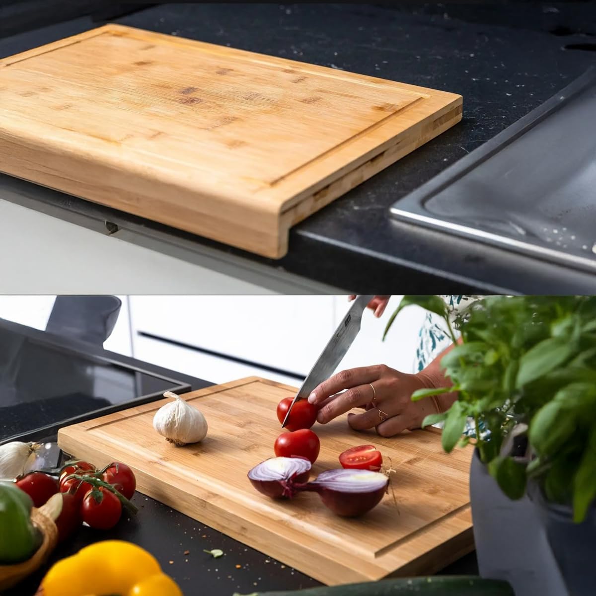 Deconox Tezgah Üstü Bambu Kesme Tahtası, Kaymaz Ekmek Tahtası, Kenarlı Kesme Tepsisi Büyük Boy (45cm*35cm) - Tezgah Üstü Bambu Kesim Panosu Antibakteriyel ve Hijyenik, Dayanıklı ve Sağlam.