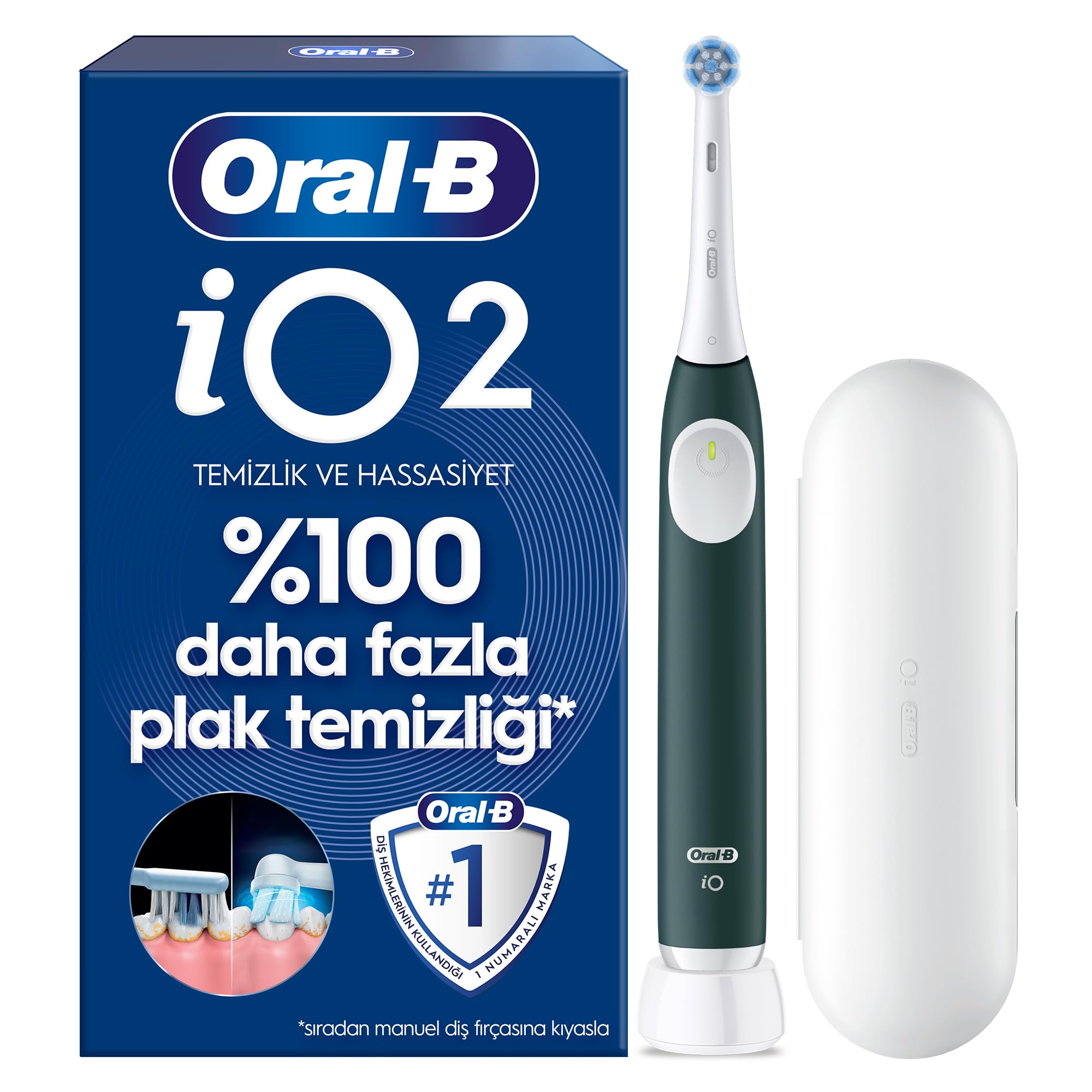 Oral-B iO2 Orman Yeşili Şarjlı/Elektrikli Diş Fırçası, 1 Fırça Başlığı, Tek Şarjda 4 Haftaya Varan Kullanım, Seyahat Kabı