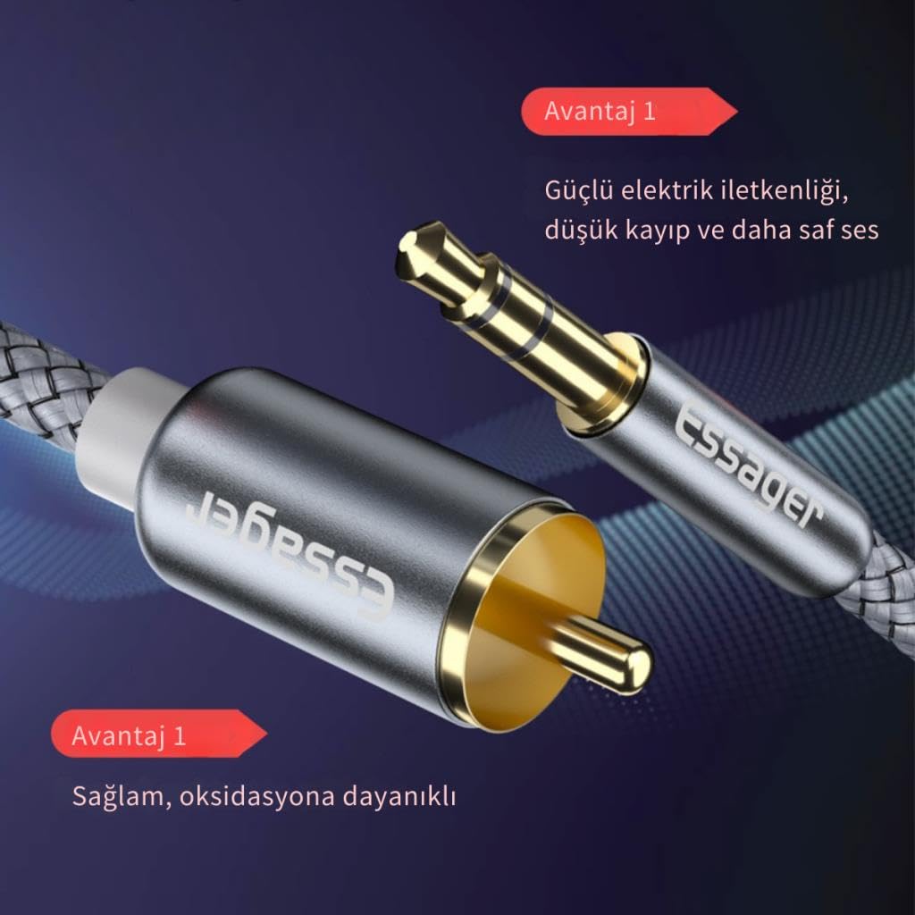 Essager Pro Series 3 Metre 3.5MM Jack to RCA Stereo Ses Sistemi Kablosu, Amfi, Hoparlör, TV Ses Sistemi Kablosu