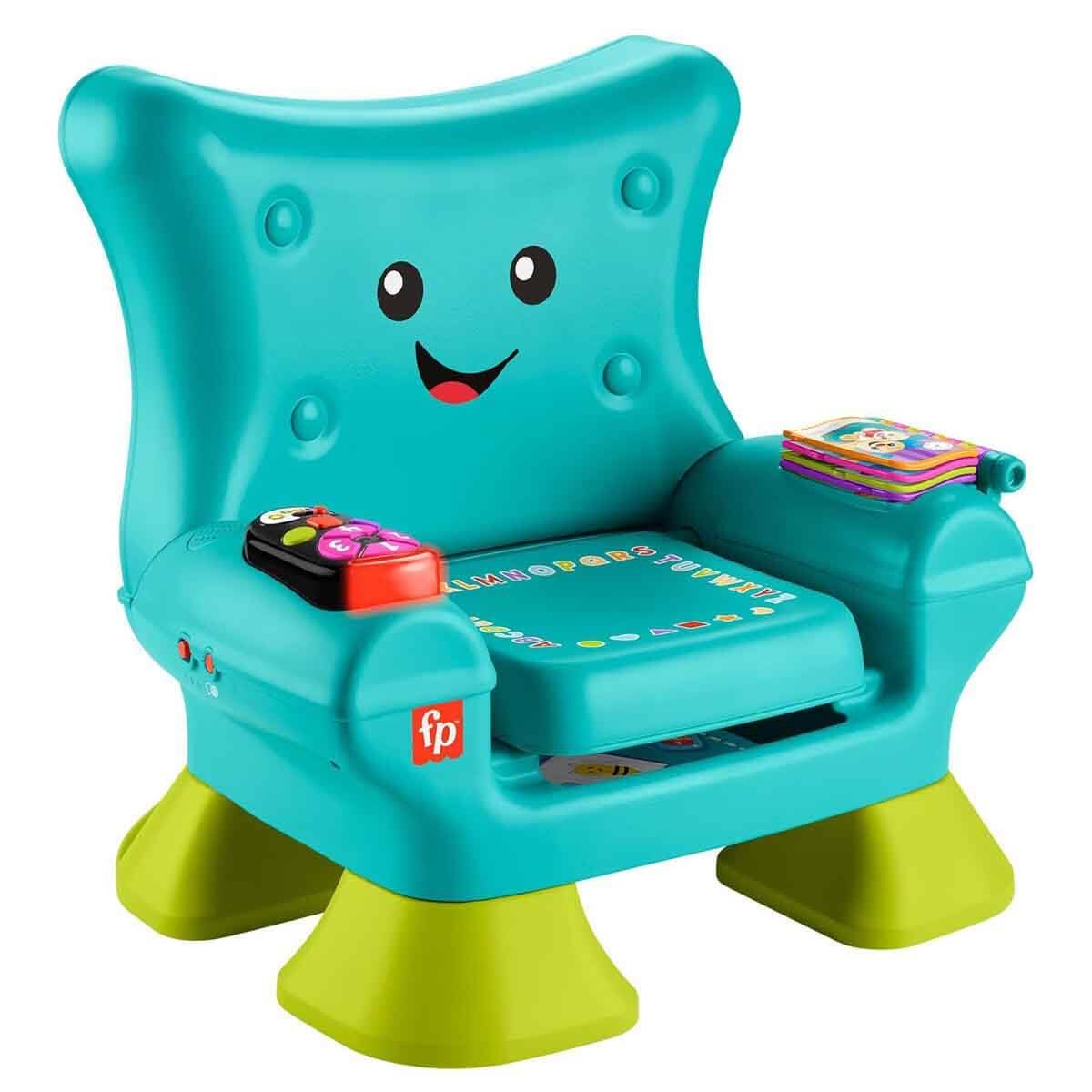 Fisher-Price Birden fazla dil desteğiyle yürüme çağındaki 1 yaş ve üzeri çocuklar için ışıklar, şarkılar ve aktiviteler içeren, turkuaz renkli koltuk şeklinde eğitici oyuncak, JGK94