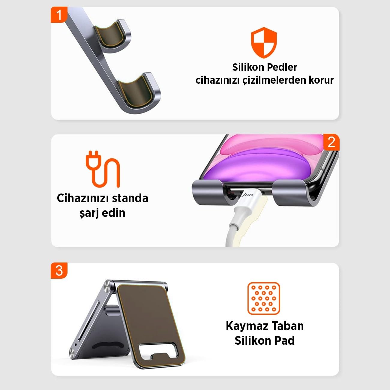 Juo Alüminyum Katlanabilir Metal Masaüstü Telefon Tutucu Standı Gümüş