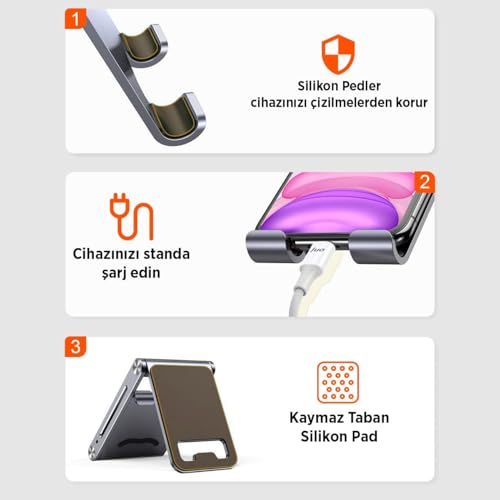 Juo Alüminyum Katlanabilir Metal Masaüstü Telefon Tutucu Standı Gümüş