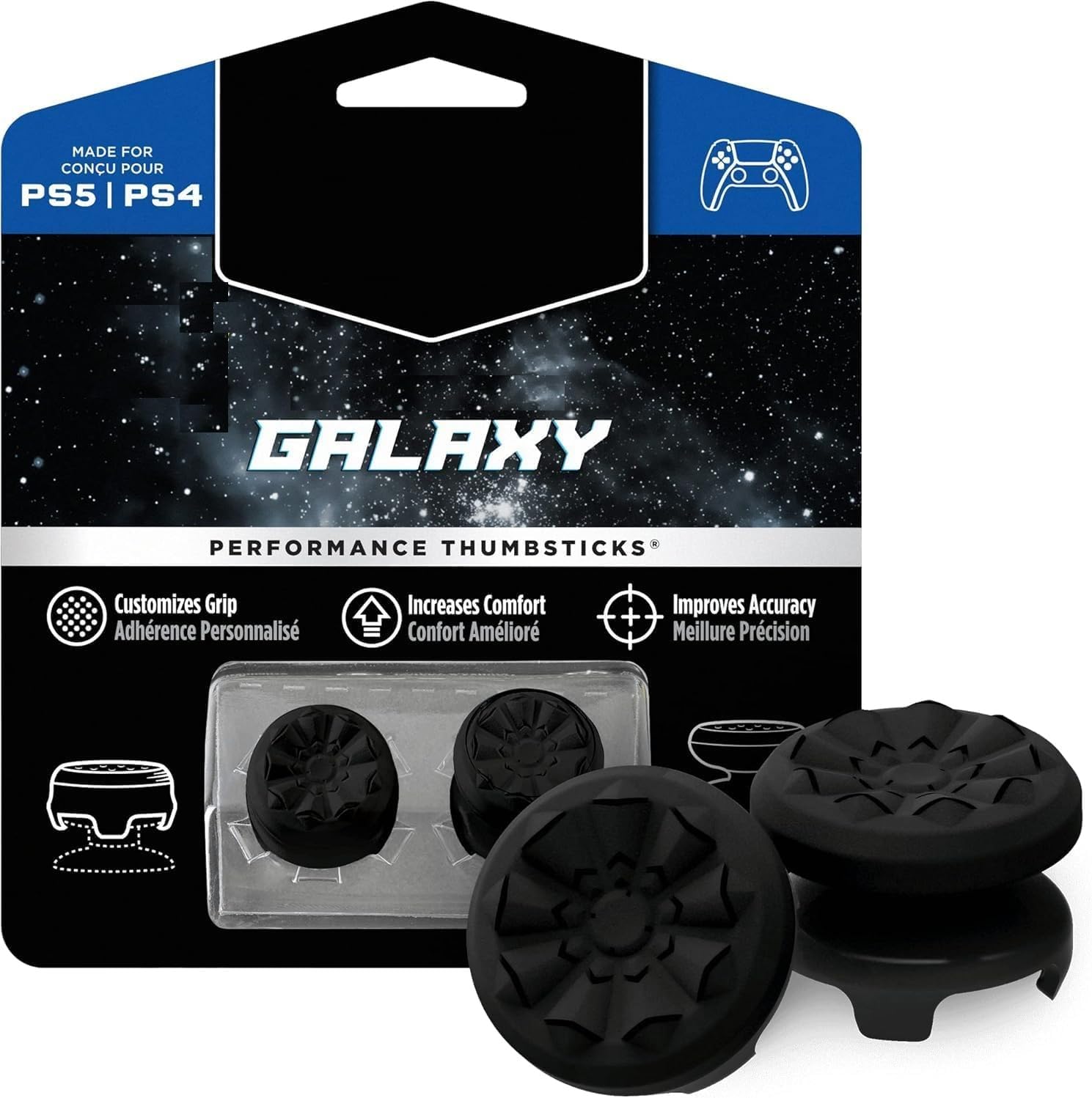 Galaxy Black for PlayStation 4 (PS4) and PlayStation 5 (PS5) | Performance Thumbsticks | 1 High-Rise, 1 Mid-Rise | Black