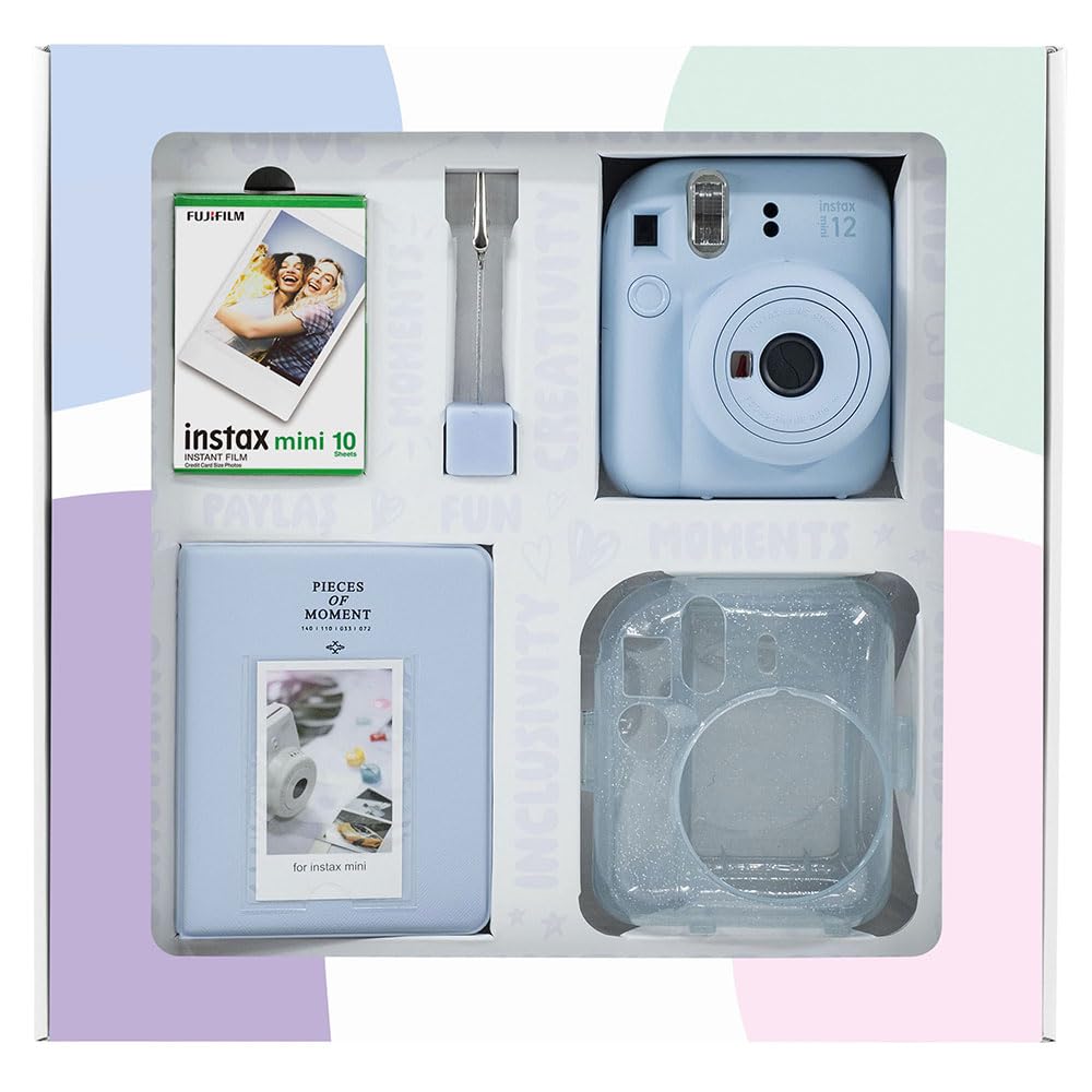Instax mini 12 Mavi Fotoğraf Makinesi 10'lu Film Simli Pleksi Kılıf PVC Albüm ve Kıskaçlı Resim Standı Bundle Box