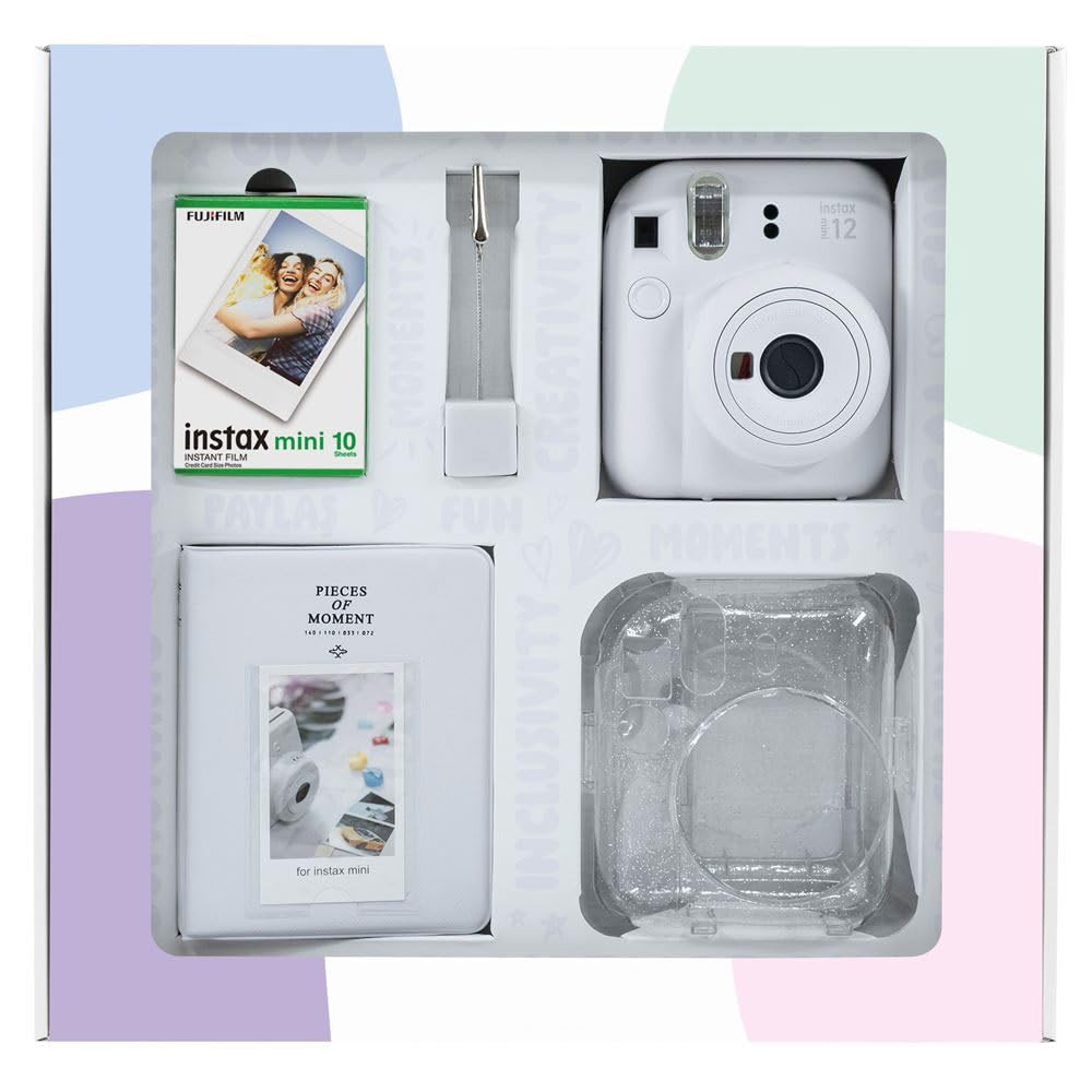 Instax mini 12 Beyaz Fotoğraf Makinesi 10'lu Film Simli Pleksi Kılıf PVC Albüm ve Kıskaçlı Resim Standı Bundle Box
