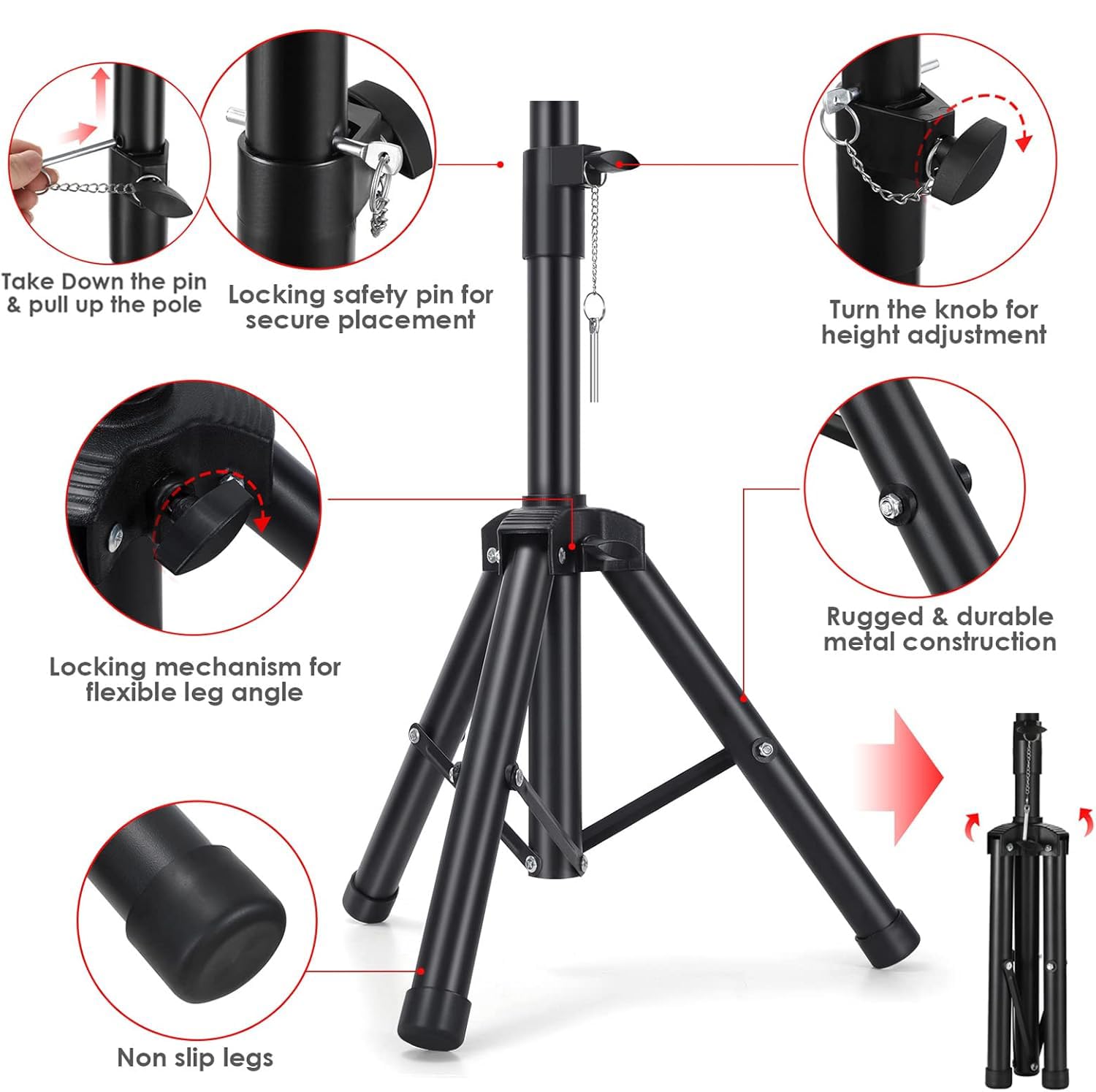 Coverzone Profesyonel Taşınabilir Hoparlör Stant Ayarlanabilir Uzatma 76cm ila 111cm PA DJ Kısa Tripod Standı Mini Hoparlör Standı Uyumlu Ekleme Emniyet Pimi Hoparlör Ayak J-01
