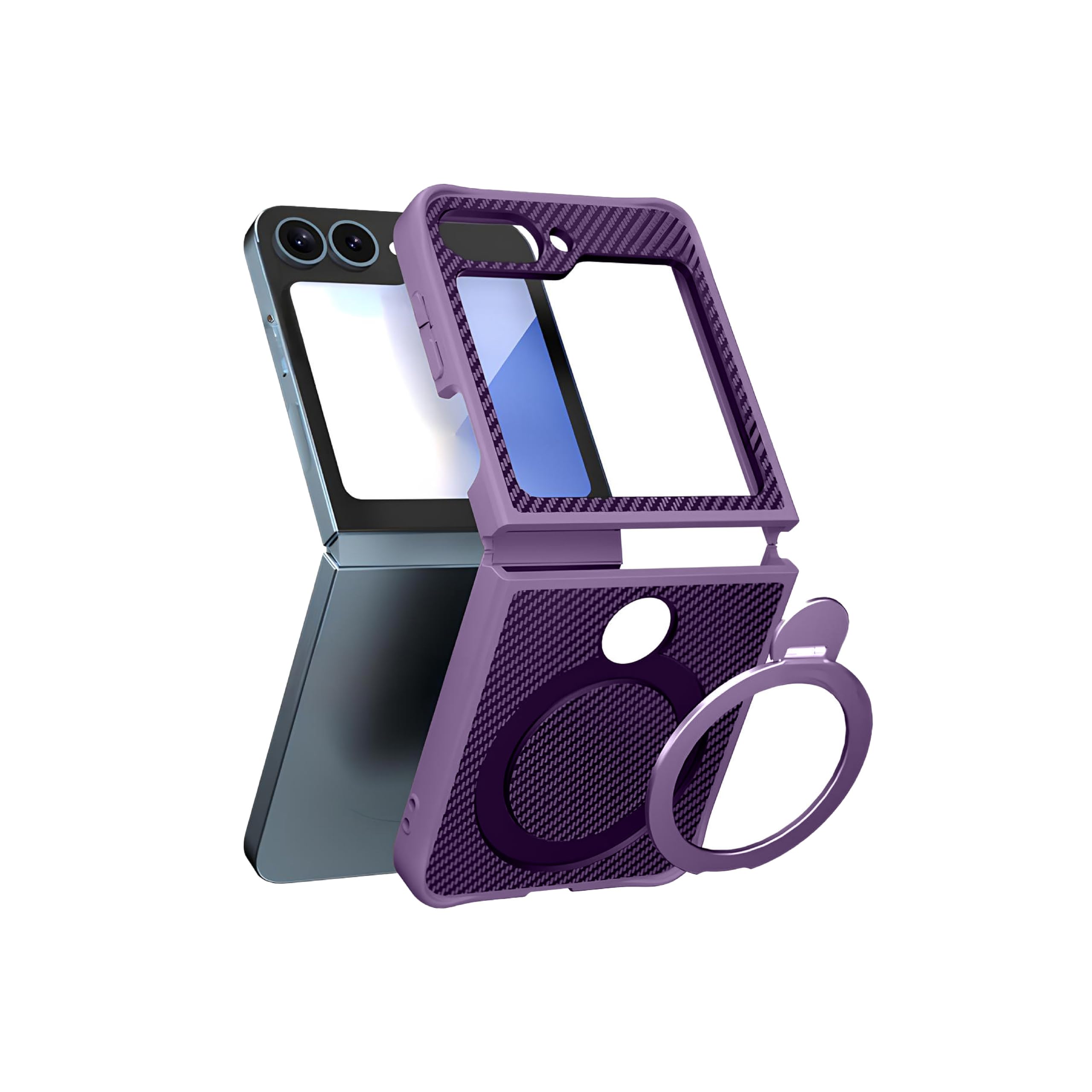 Babilden Samsung Karbon Fiber Materyal Stand Özellikli Lens Çerçeveli ve Sararmayan Güçlü Darbe Emici Premium Kılıf (Mor, Galaxy Z Flip 6)