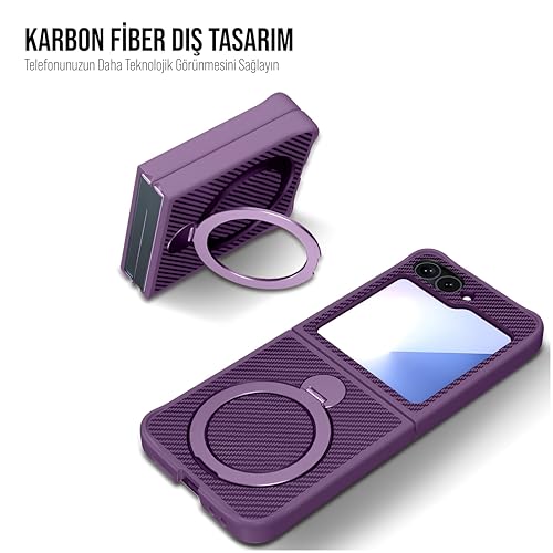 Babilden Samsung Karbon Fiber Materyal Stand Özellikli Lens Çerçeveli ve Sararmayan Güçlü Darbe Emici Premium Kılıf (Mor, Galaxy Z Flip 6)