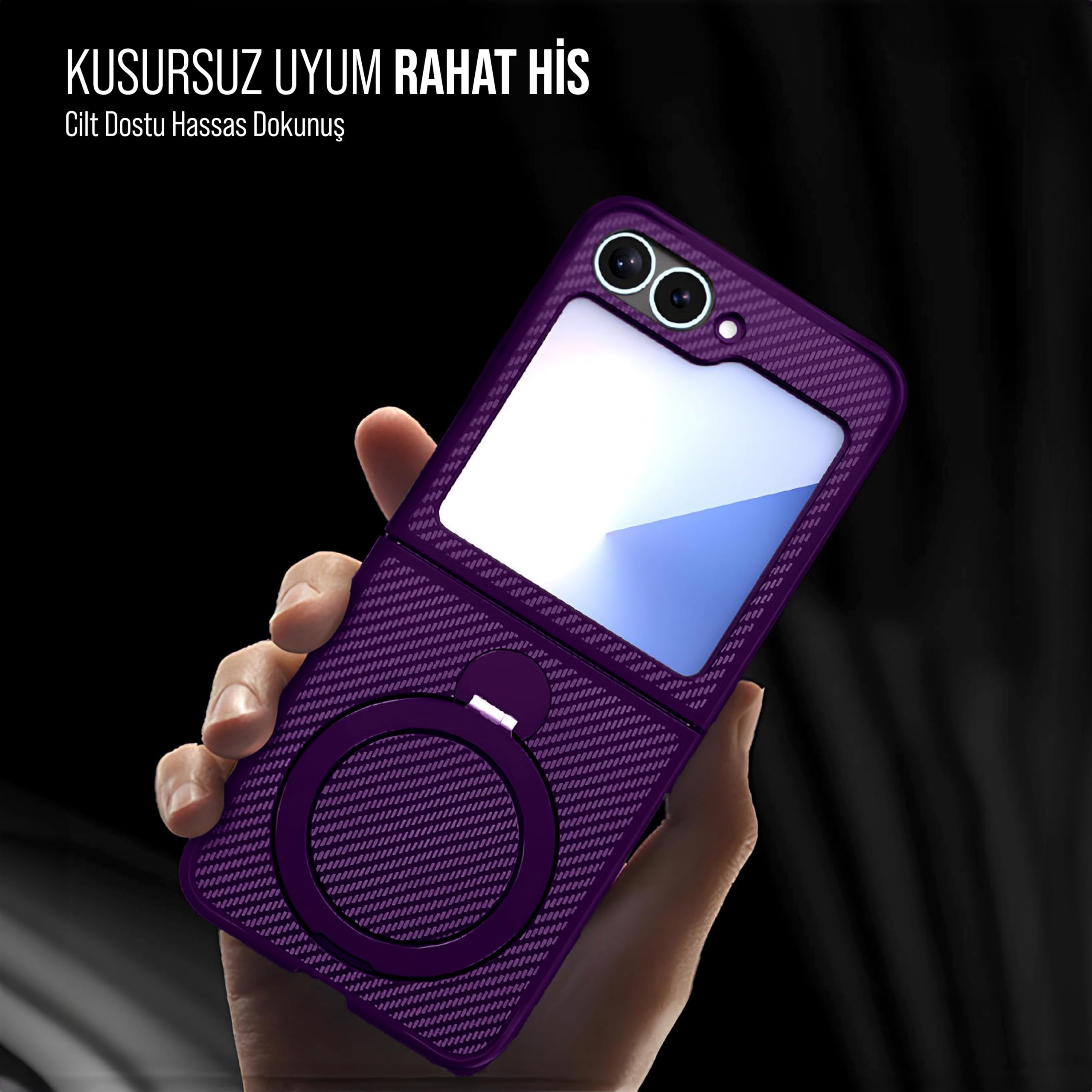 Babilden Samsung Karbon Fiber Materyal Stand Özellikli Lens Çerçeveli ve Sararmayan Güçlü Darbe Emici Premium Kılıf (Mor, Galaxy Z Flip 6)
