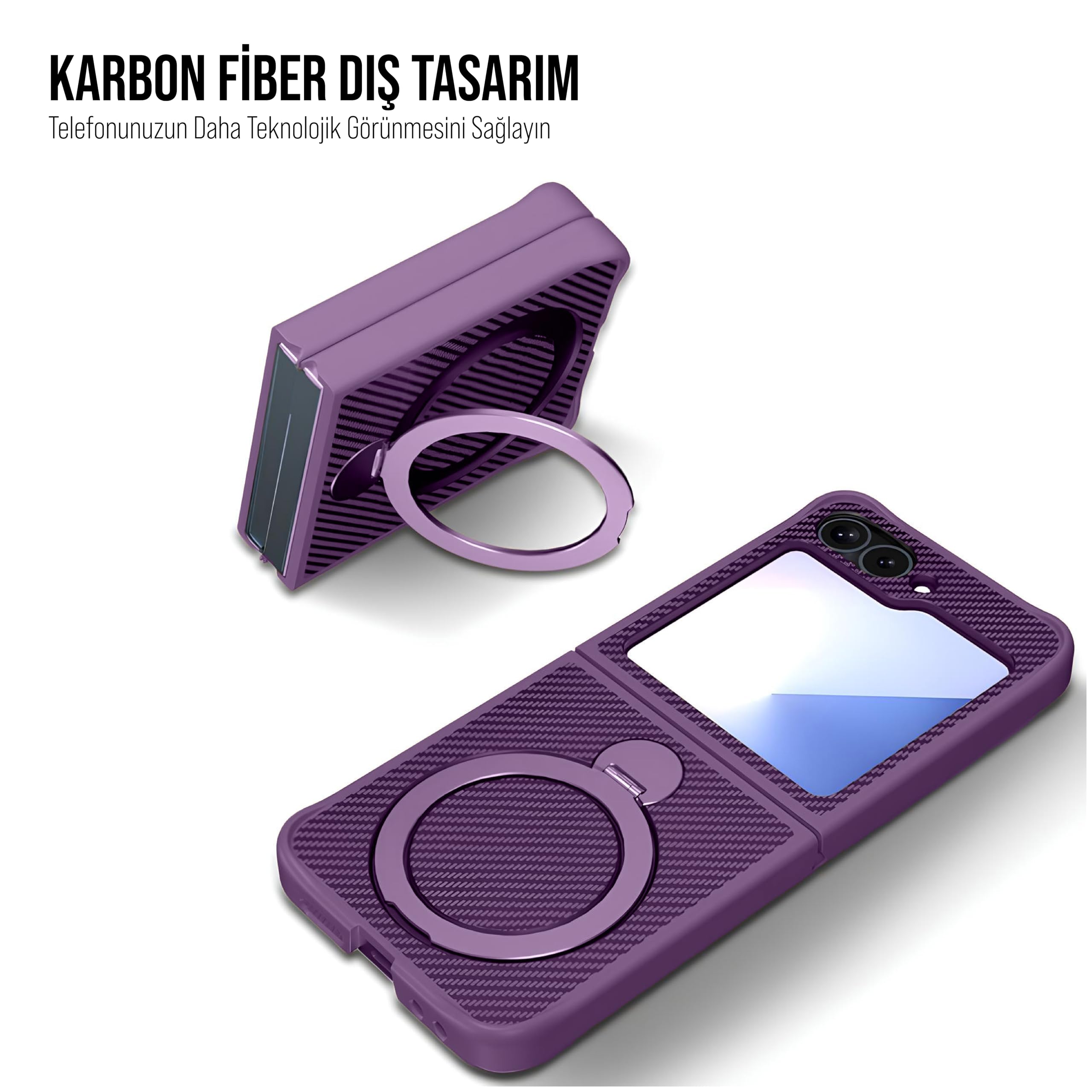 Babilden Samsung Karbon Fiber Materyal Stand Özellikli Lens Çerçeveli ve Sararmayan Güçlü Darbe Emici Premium Kılıf (Mor, Galaxy Z Flip 6)